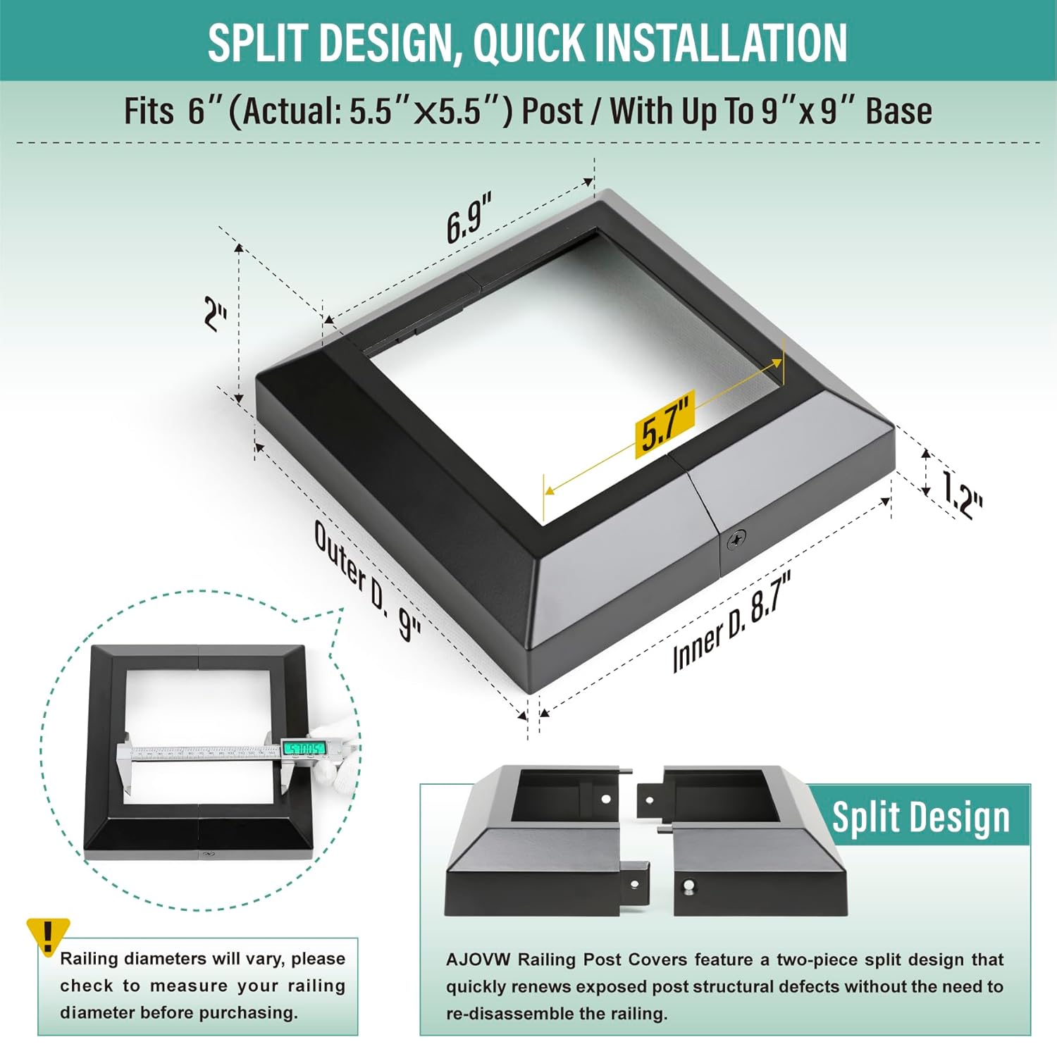 4 Pcs 6" (5.5" Post/8.5" Base) Aluminium Deck Post Base Covers for Gazebo, Trellises, Horse Barns, Deck Posts,6" Post Anchor Base Cover (Black)