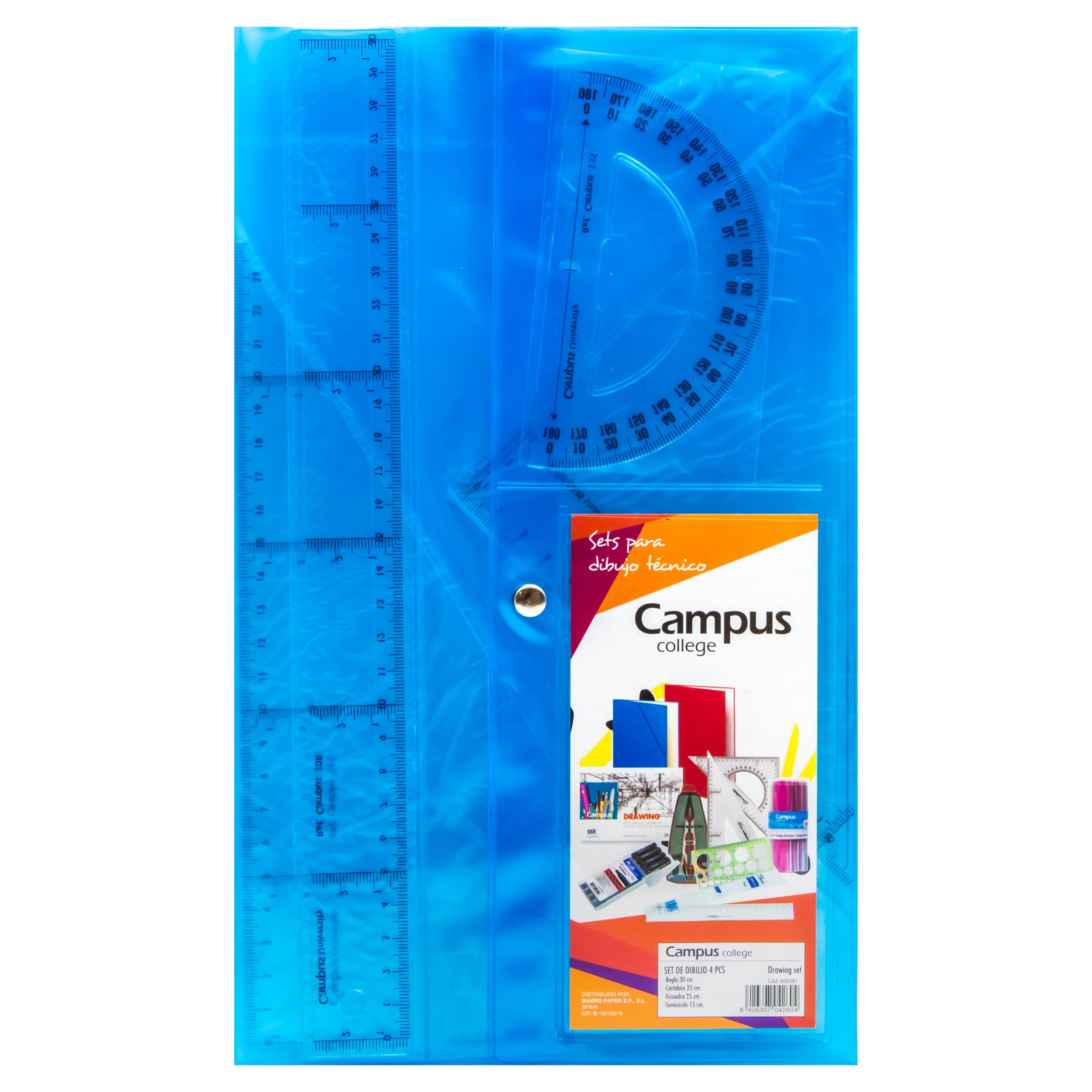 Campus – Juego de Reglas Escolares con Estuche, Estuche de Reglas con Escuadra, Cartabón, Transportador de Ángulos y Regla de 30cm, Set de Reglas Escolares para Geometría, Matemáticas y Dibujo Técnico
