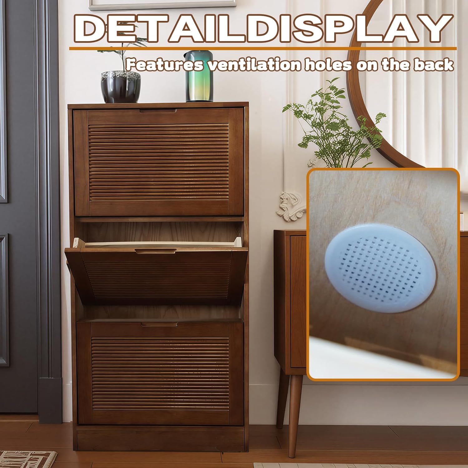 Solid Shoe Storage Cabinet with 3 Flip Drawers, Narrow Wood Shoe Organizer Cabinet with Fluted Panel, Slim Shoe Rack for Entryway, Freestanding Shoe Cabinet for Entryway Hallway Foyer ，Walnut