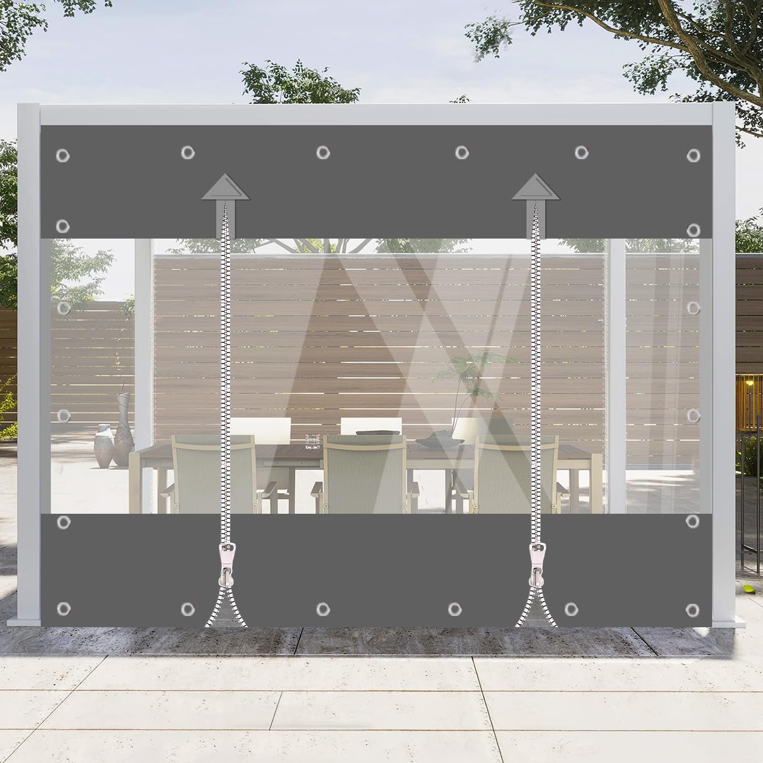 Bâche transparente en PVC 650 g/m², rideau d'extérieur avec fermeture éclair, bâche de protection imperméable, protection contre le vent et la pluie pour pavillon, balcons, terrasses (gris, hauteur 3