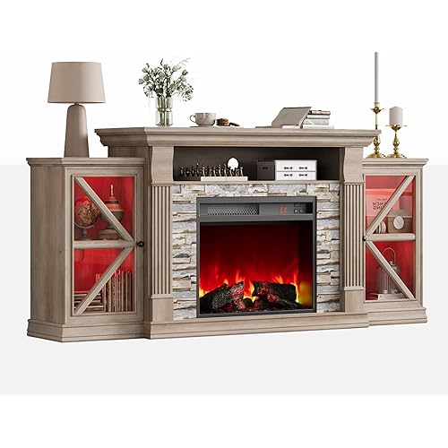 QUW Electric Fireplace TV Stand, 70" Farmhouse Entertainment Center with Open Shelf and Glass Barn Door Cabniet, Modern TV Console Table with 7 Flame Colors for Living Room, Grey