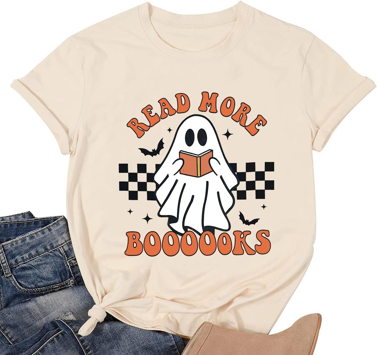 Halloween Teacher Shirts for Women Groovy Read More Books Ghost T-Shirt Short Sleeve Halloween Party Tee Tops