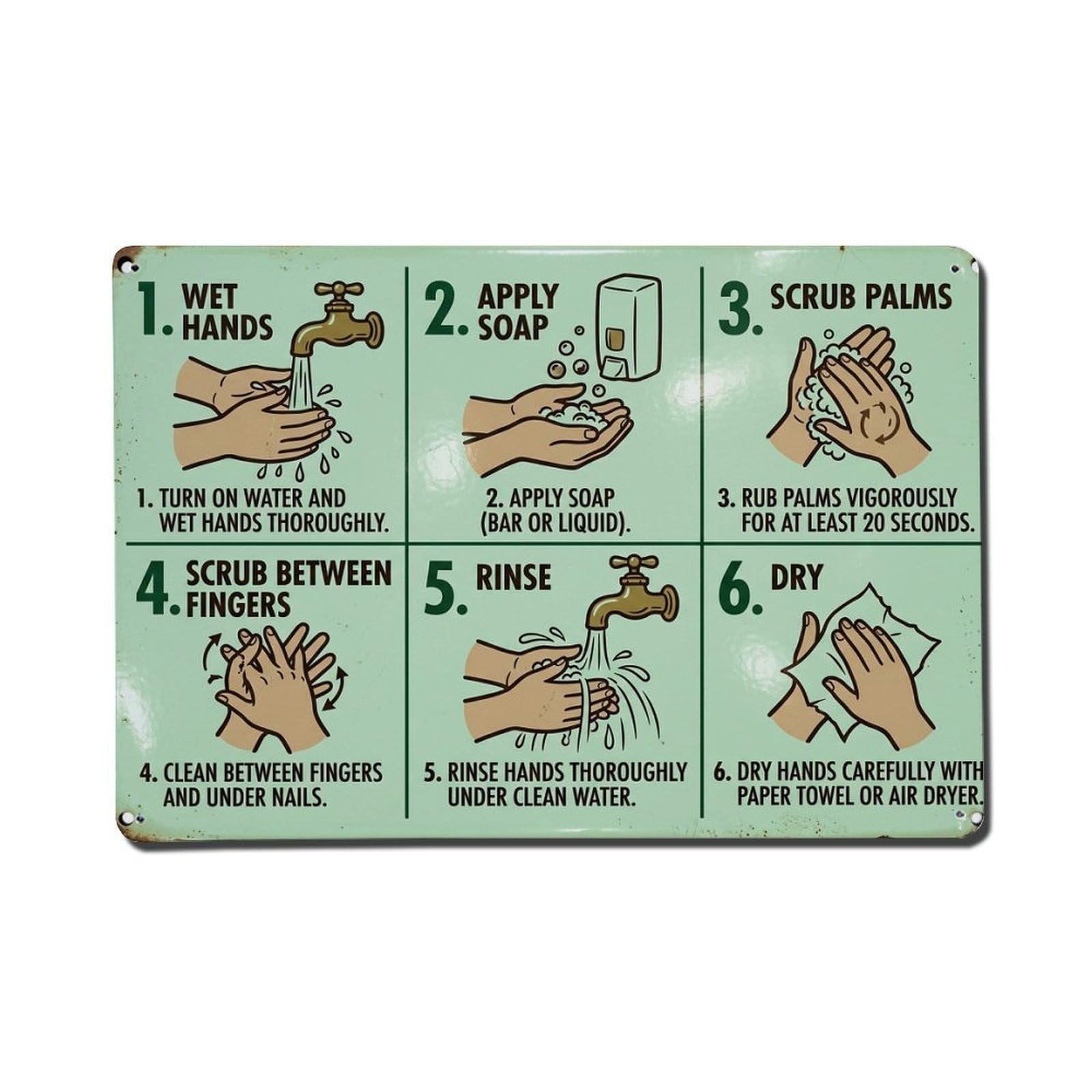Hand Washing Steps Hygiene Vintage Metal Tin Sign Plaque Wall Decor for Cafe, Club, Garden Metal Poster 8x12Inch