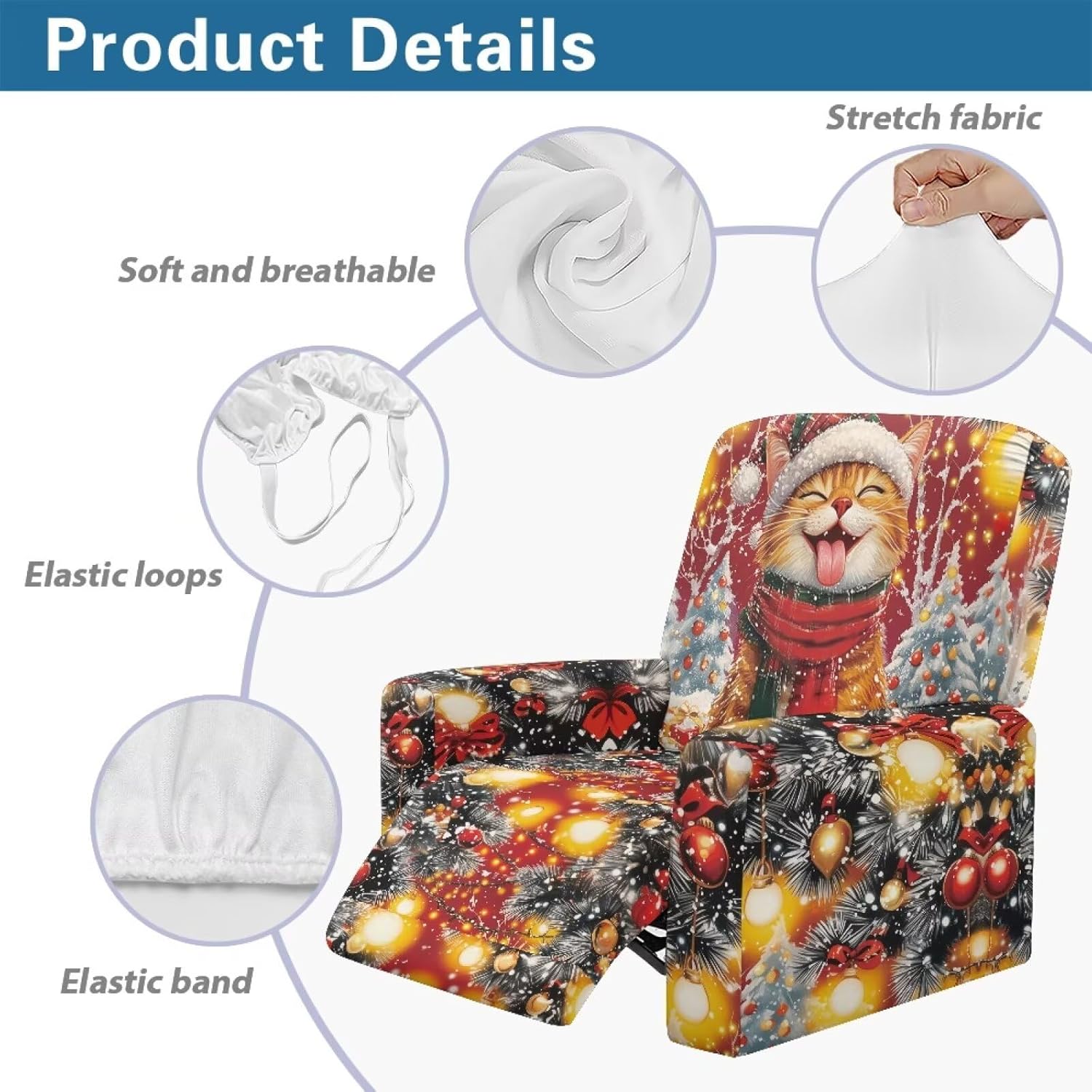 Xmas Light Cat Lazy Boy Recliner Chair Covers 1 Seat Non Slip Couch Cover with Elastic Bottom 4 Pieces Cat Scratch Furniture Protector for Christmas Party