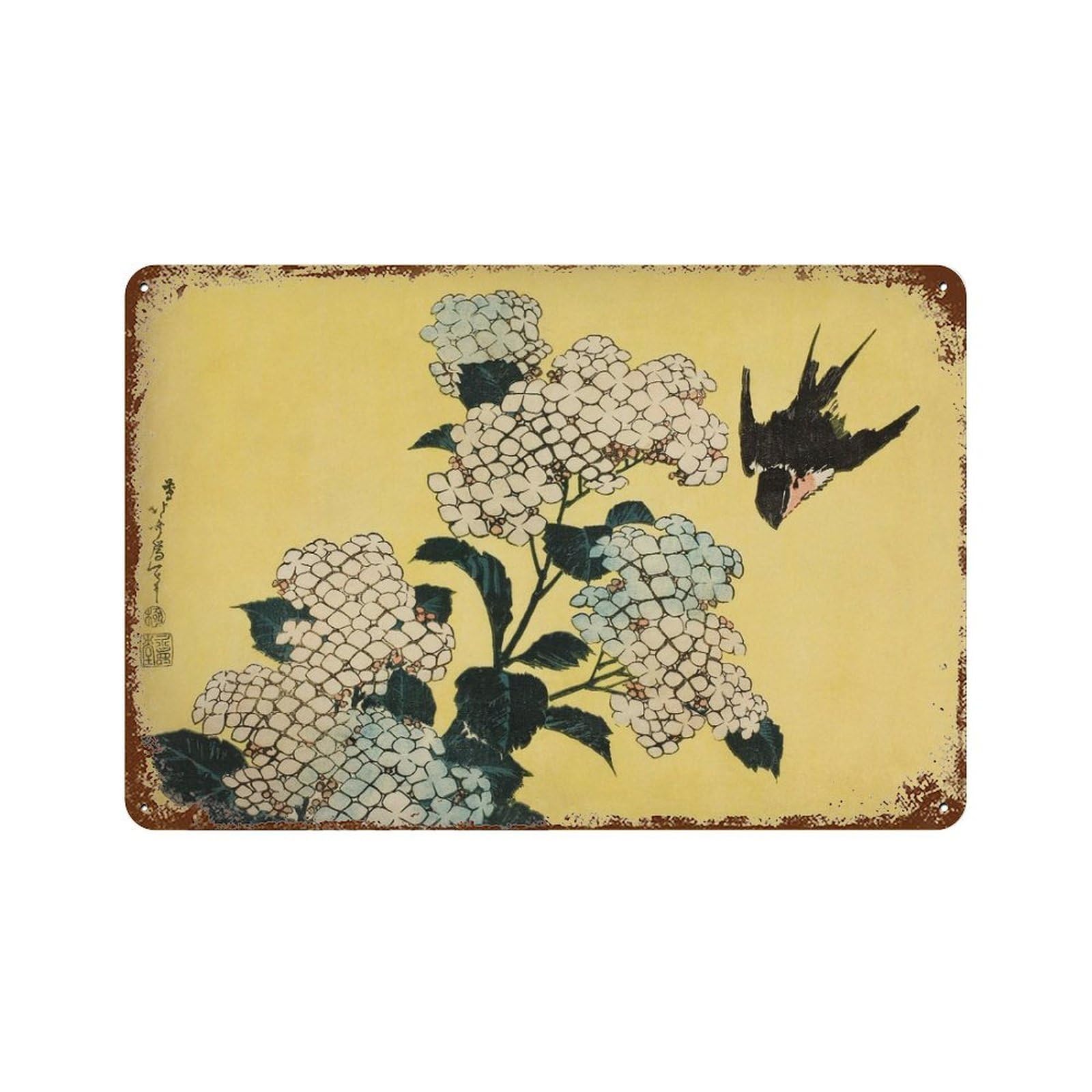 xiaoxiaoshen Japanese Woodblock Hydrangea And Sow Wall Decor Art Metal Tin Poster Modern Home Decor Art Home Bar Shop Decorations Vintage Sign 20x30cm