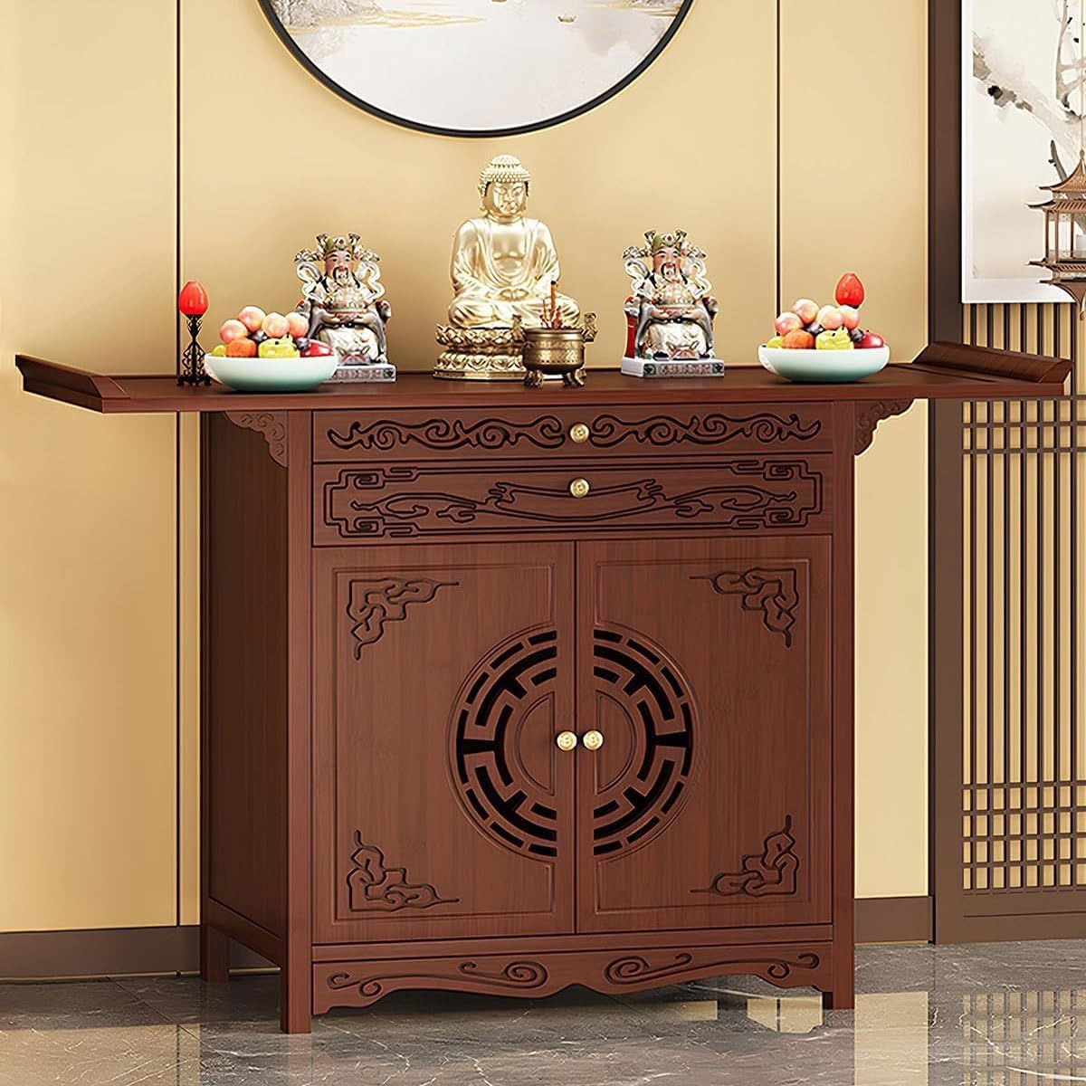 Buddha Altar Table with Storage for Home Altar Cabinet, Chinese Pooja Cabinet Pedestal Offering Meditation Table, Personal Shrine Stand for Living Room(Walnut,39.4in)