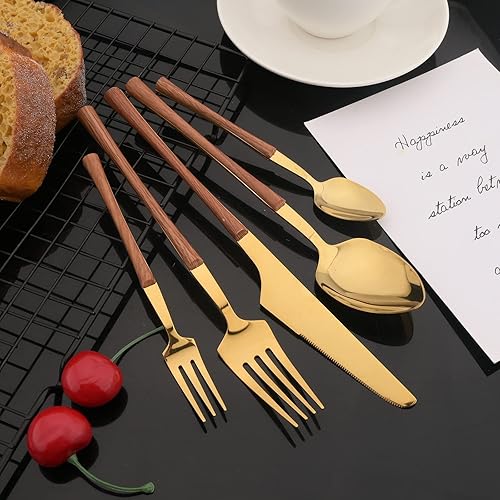 Miniatura 7 de JASHII Juego de cubiertos con mango de madera, juego de cubiertos de acero inoxidable de 20 piezas, pulido con espejo, juego de cucharas y tenedores