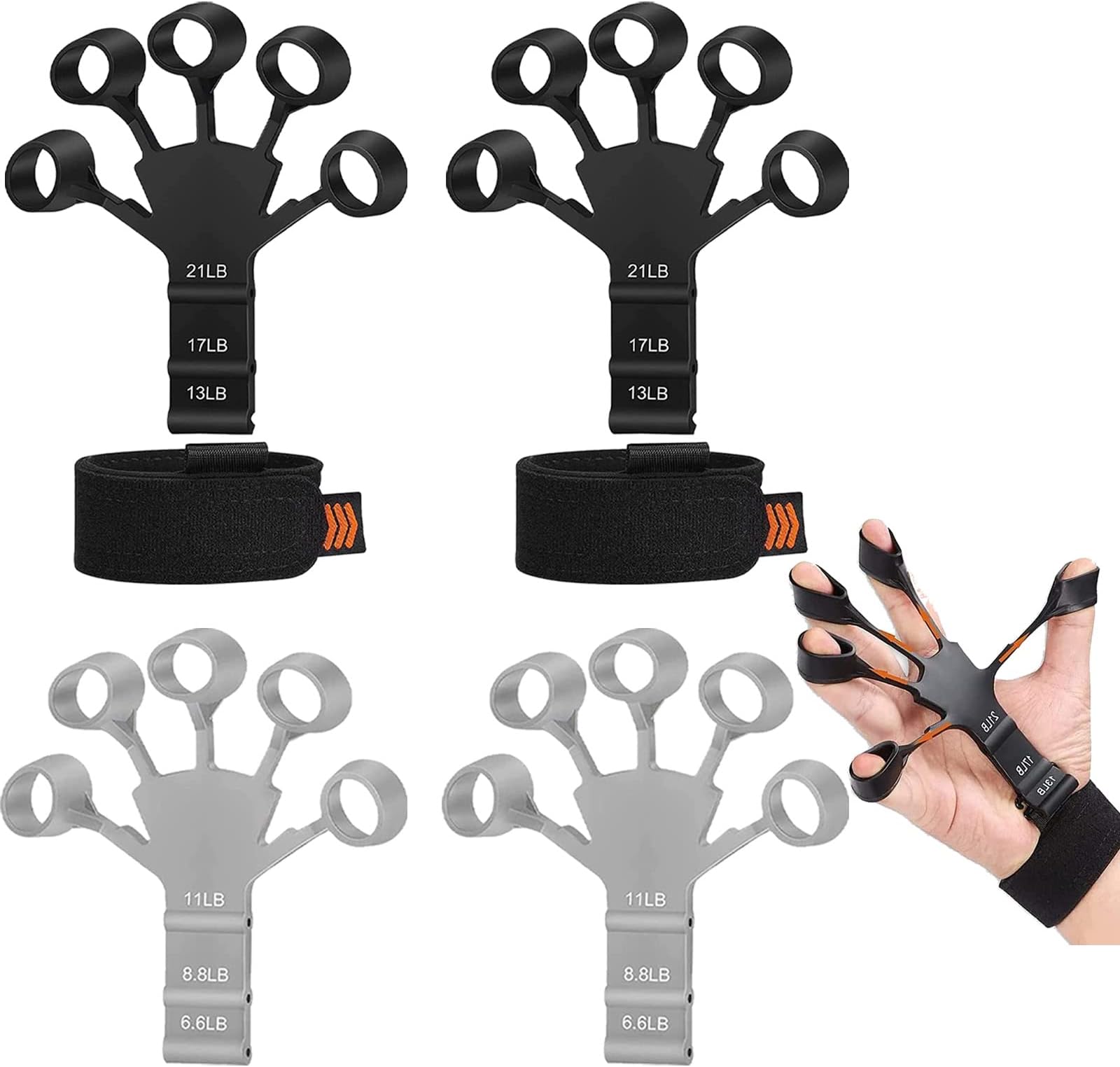 4Pcs Finger Strengthener Grip Strength Tester Forearm Strengthener, 6 Resistant Level Finger Exerciser Hand Strengthener for Strength Training, Finger Flexion Extension Training, Black Blue