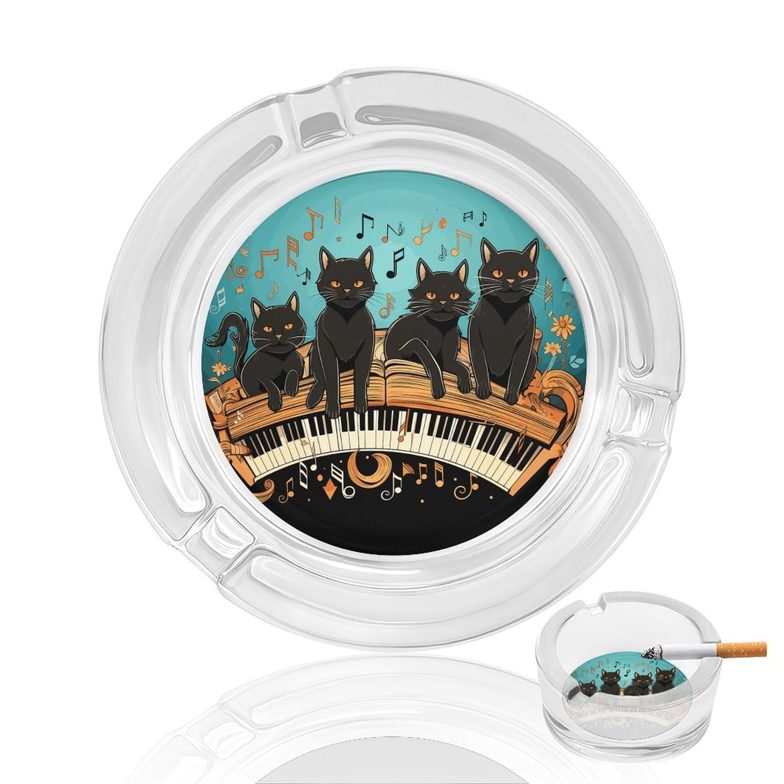 Four Black Cats Lying on The Piano Keyboard Glass Ashtray for Cigarette,Cigarette Ashtray for Indoor Or Outdoor Use,Cigar ash trays case with 3 Notches-Glass Decor Gift for Men Smokers