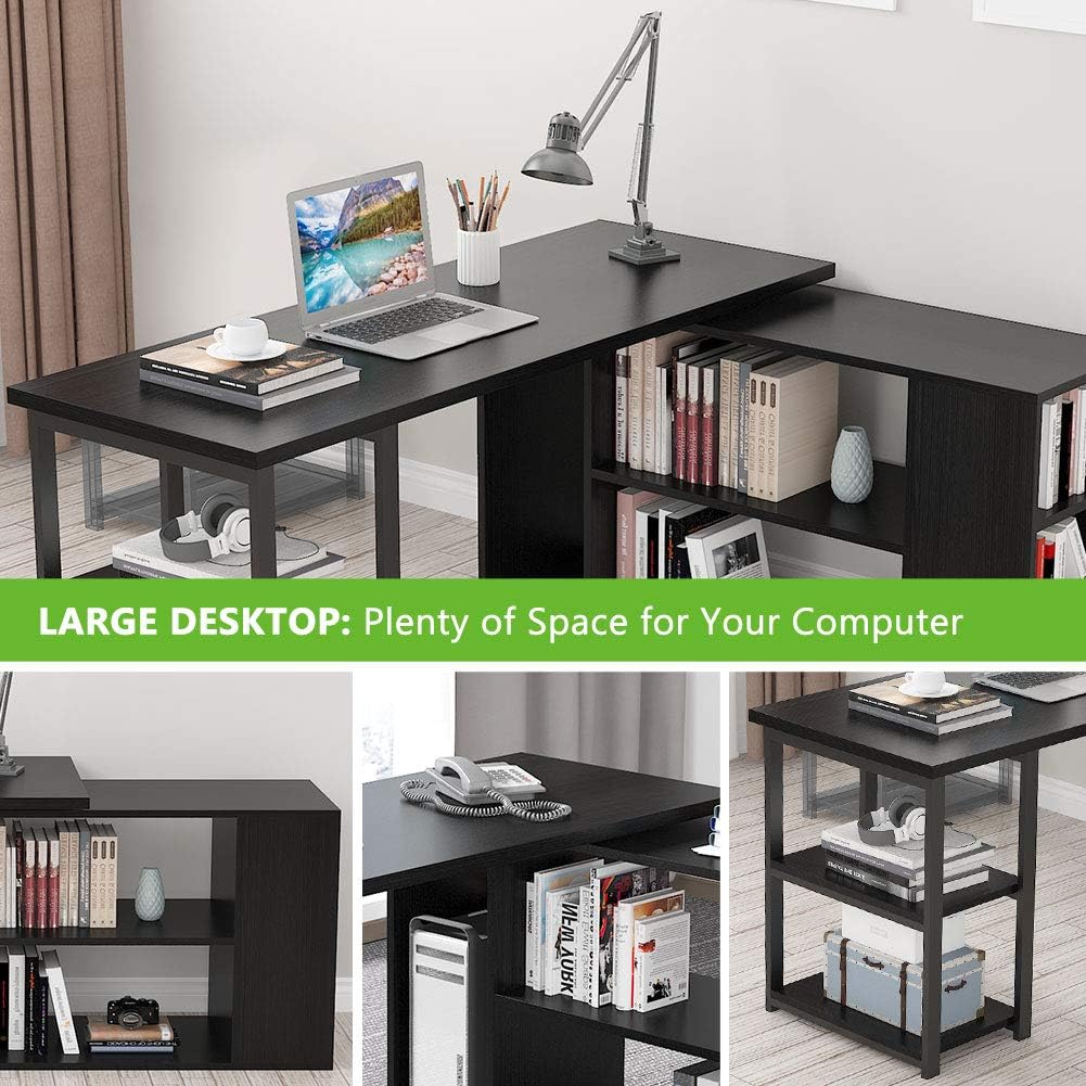 Tribesigns L-Shaped Computer Desk, Rotating Corner Computer Desk with Bookcase and File Cabinet, Reversible L Shaped Office Desk for Home Office (Black)