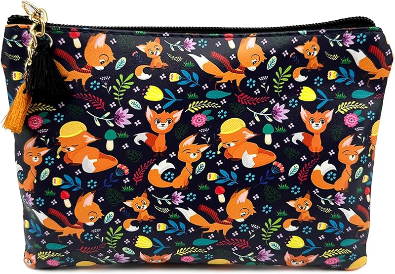 Necessaire de Maquiagem XDMXY com Estampa de Raposa, Material Sintético, Zíper e Tassel