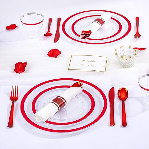 Miniatura 6 de I00000 350 platos de plástico rojo, juego de platos desechables transparentes, incluye 50 platos llanos, 50 platos de postre, 50 tazas, 50