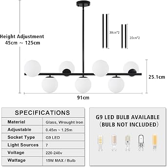 7 Light Black Pendant Lights for Kitchen Island, Dining Room Lights Ceiling