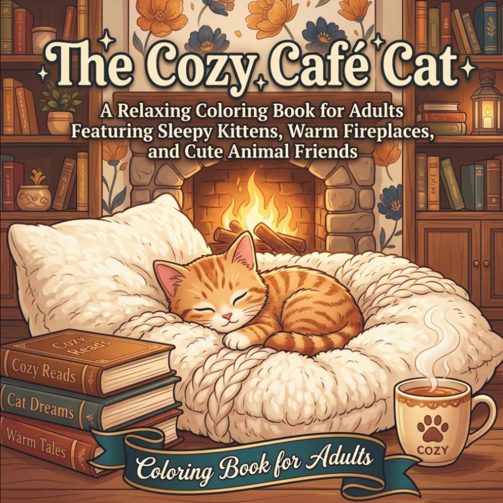The Cozy Café Cat: A Relaxing Coloring Book for Adults Featuring Sleepy Kittens, Warm Fireplaces, and Cute Animal Friends