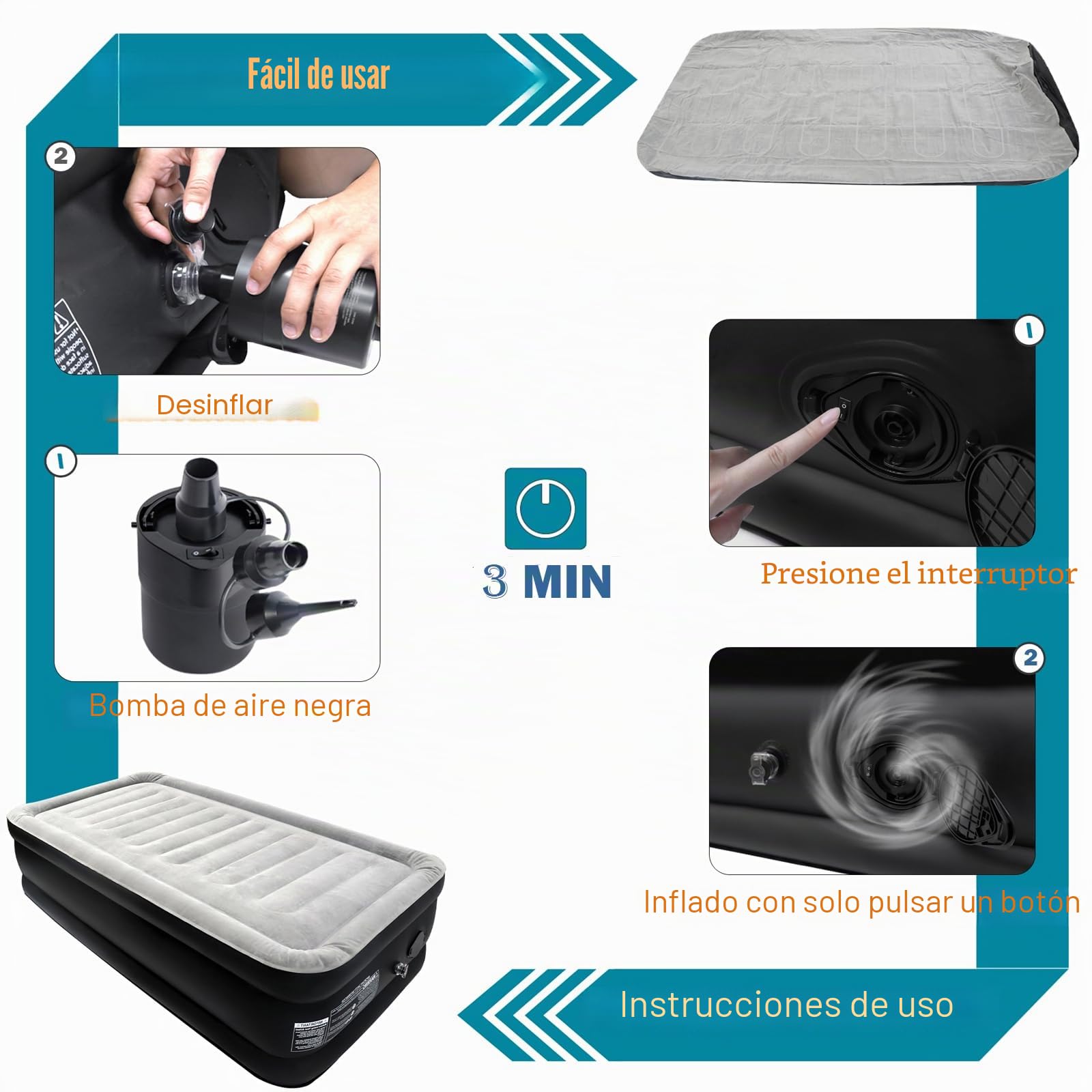 ACXIN Cama para invitados, colchón hinchable, colchón de aire, colchón de aire, autoinflado, incluye bomba de aire y bolsa para acampar/hogar, 187 x 90 x 46 cm, colchón de aire para 1 persona, hasta