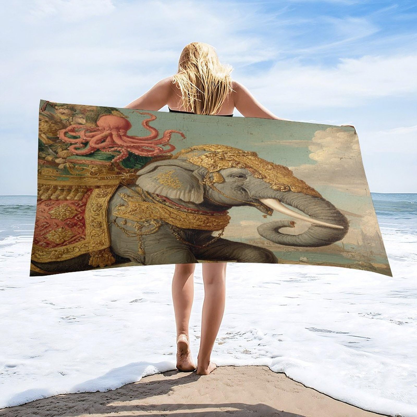 Luyysky Rustic Vintage Sea Octopus Absorbent Beach Towel, Ethnic Watercolor Indian Aesthetic Tropical Animal Elephant Octopus Outdoor Single-Sided Velvet Beach Towel-80 W Cm X 160" L Cm
