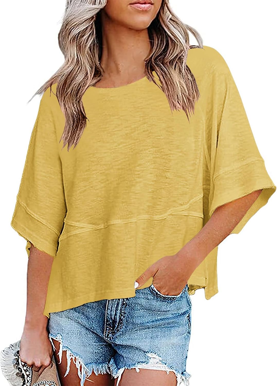 Aisongyuan Womens Fashion T-Shirt Crewneck 3/4 Sleeves Solid Color Loose Basic Tops Summer Casual Tees Blouses