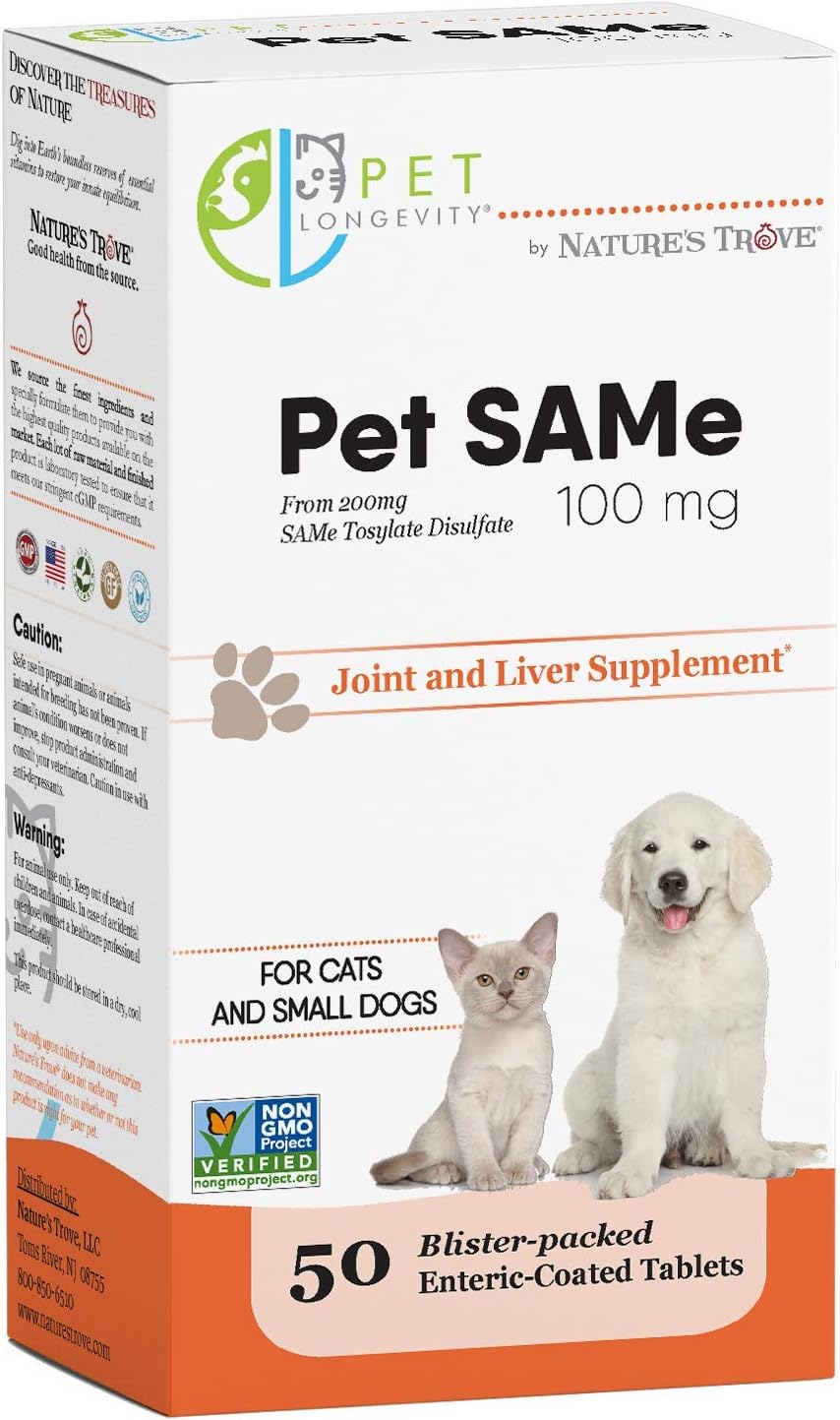 Same 100 mg Pet Supplements – Liver and Joint Support for Cats, Small Dogs with Elevated Enzymes – S Adenosyl Methionine - 50 Gluten Free Enteric Coated Tablets – Non GMO Certified