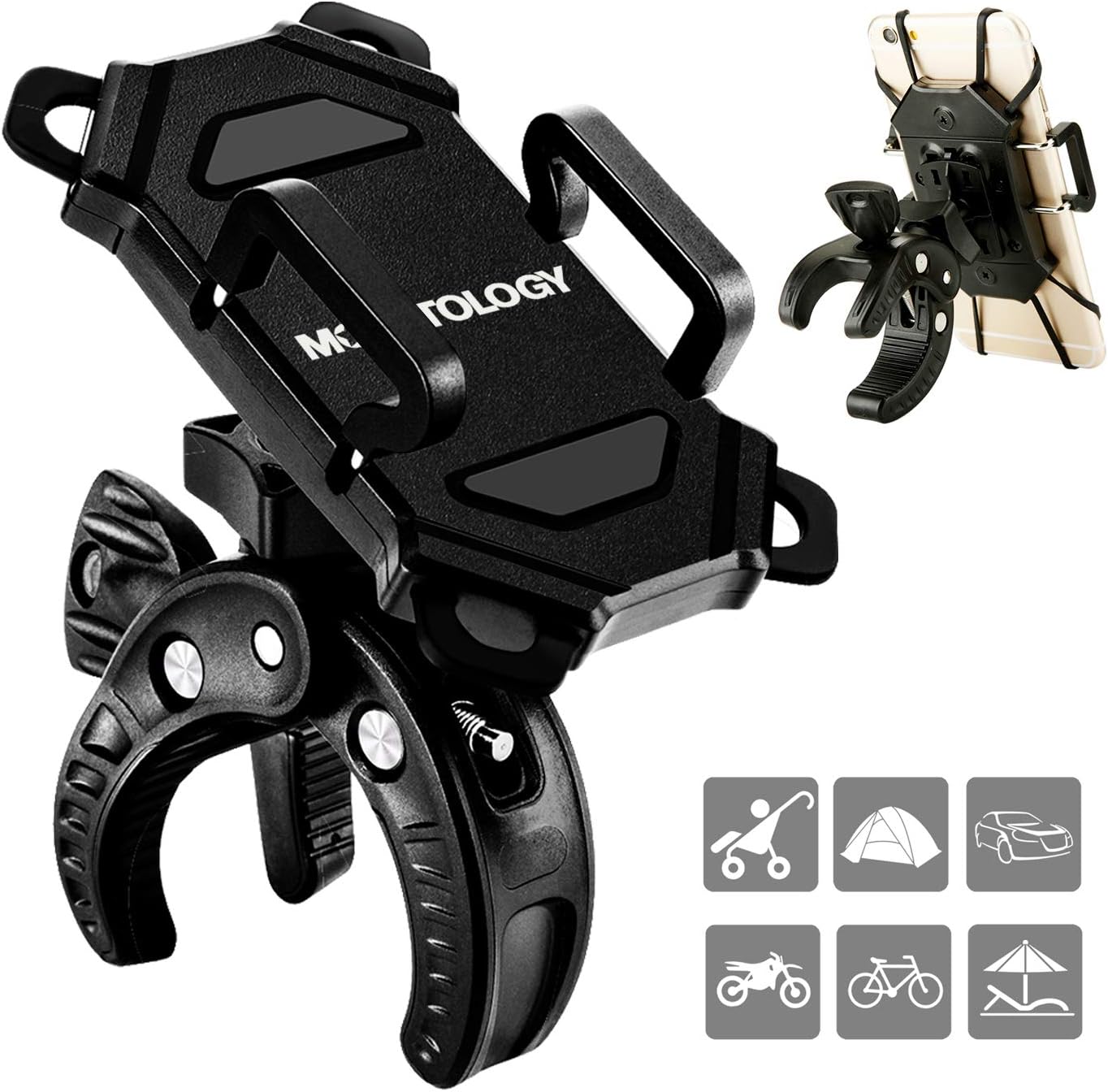 Bike Phone Holder - Bike & Motorcycle Cell Phone Mount Universal Bicycle Handlebar Mount Cellphone Holder for iPhone 8 7s 6s Plus 5s Android Smartphone with 360 Degree Rotation and 4 Rubber Bands