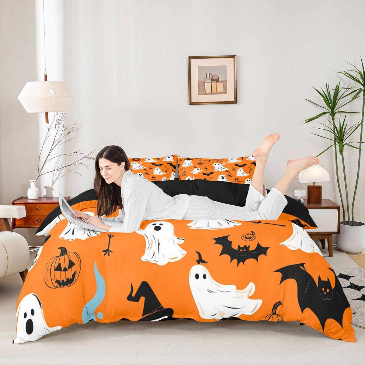 Loussiesd Happy Halloween poszewka na kołdrę super king size chłopcy dziewczęta pajęczyna duch nietoperz dynia zestaw pościeli oddychająca miękkie pomarańczowe tło narzuta na łóżko 3 szt. dekoracja
