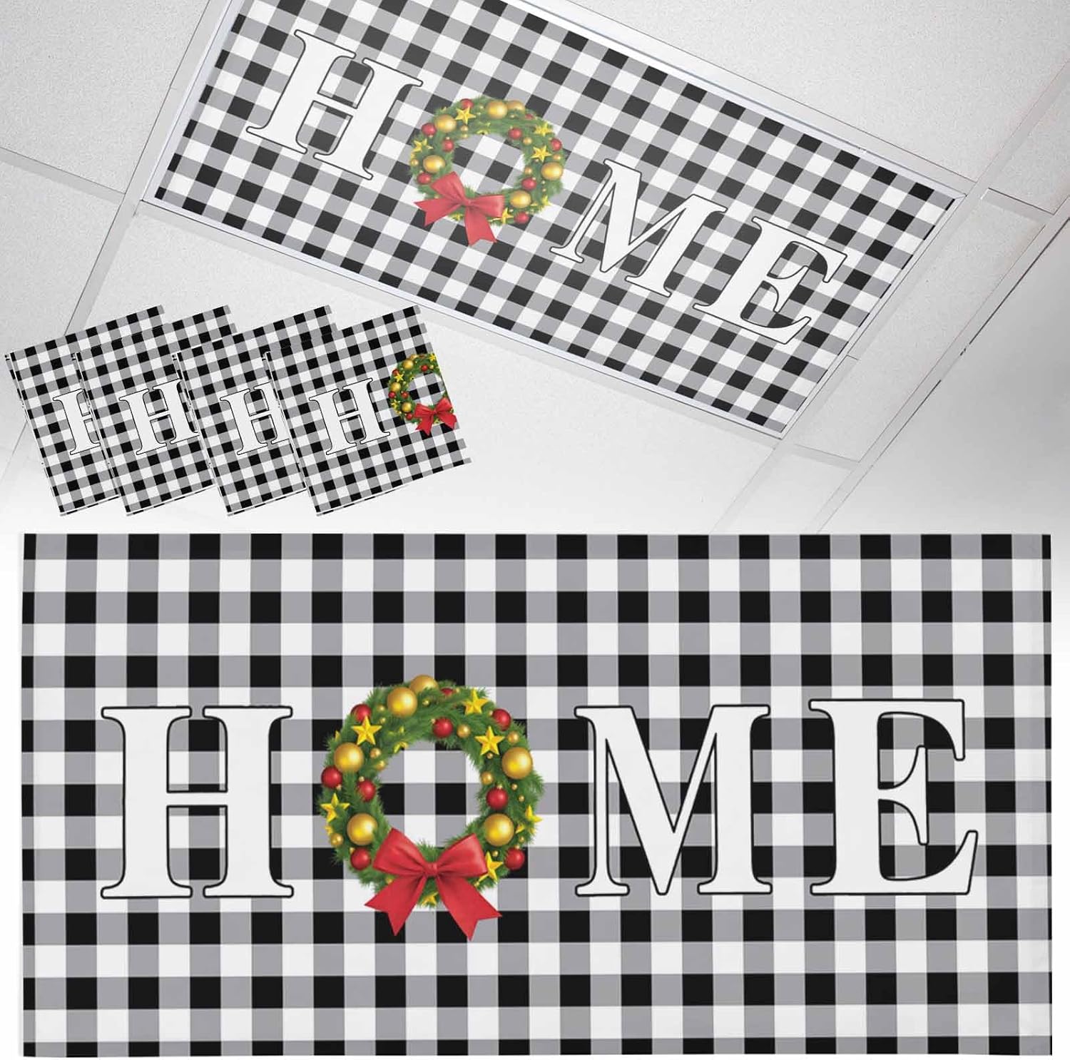 4 Pack Magnetic Fluorescent Light Covers, HOME Christmas Wreath Bow Retro Black And White Check Magnetic Light Covers for Ceiling Lights Classroom Office Home Decor