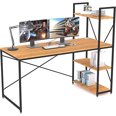 Amazon Co Jp シンプルゲーミングデスク 本棚付きパソコンデスク おしゃれ机pcデスク 幅140cm 奥行き60cm ラック付きワーク机 木製 テレワーク学習机 収納ラック左右に入れ替える勉強机 作業机テーブル 一人暮らし長机 Large 文房具 オフィス用品
