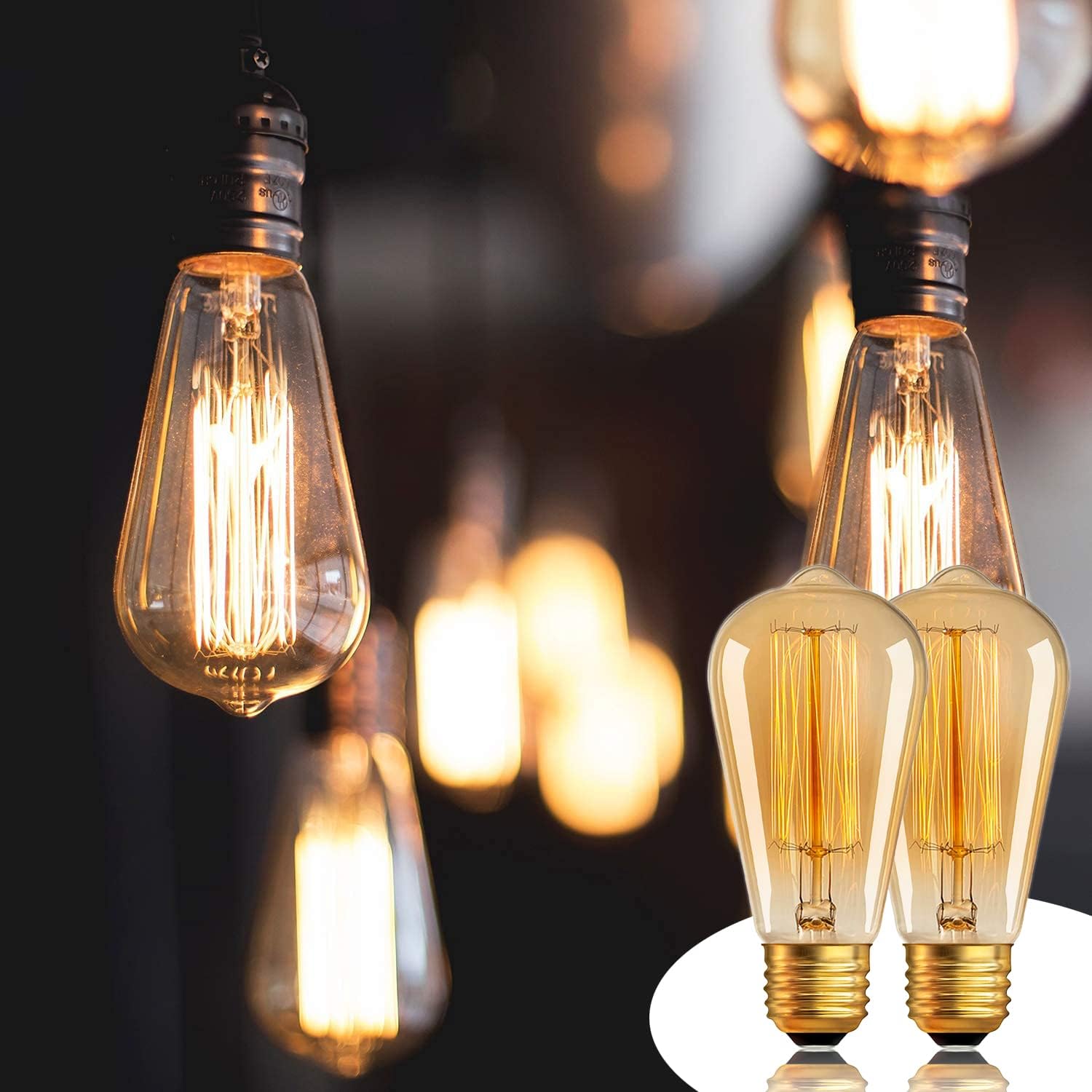 Antique Edison Light Bulbs 110V 60W 6 Pack, ST64 Decorative Incandescent Bulb 280LM 2200K Amber, Dimmable E26/E27 Base Vintage Bulbs Incandescent Light Bulbs for Chandeliers Wall Sconces