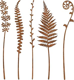 Generisch Dekorative Gartenstäbe, Tolle Gartendeko Aus Rost Metall, 5 Stück Rostiger Gartenstab, Gartenstecker Aus Metall, Vintage Deko Mit Farn Und Blumenmotiv Wetterfeste Rasenfigur Für Pflanzkübel