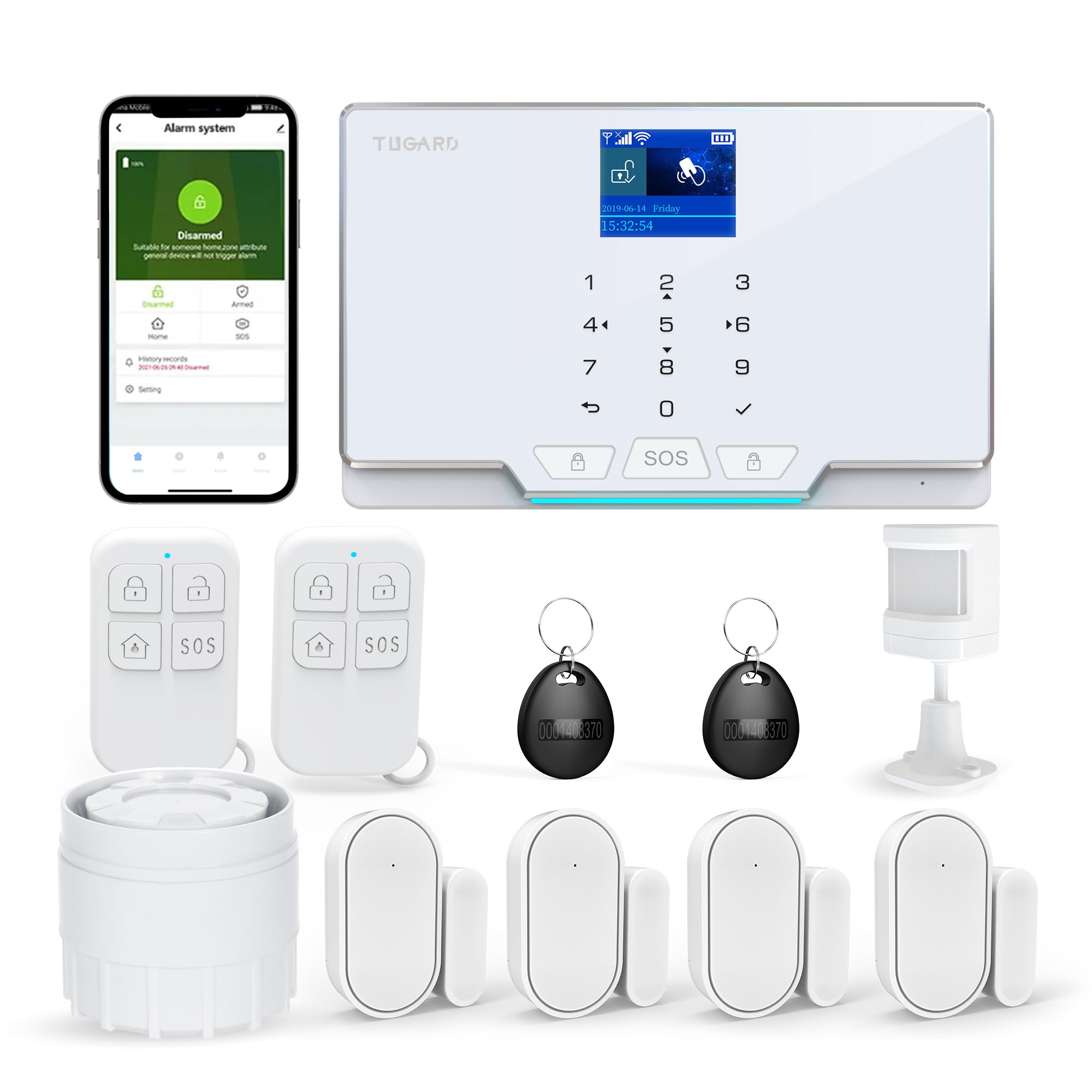 1.8"TFT Colorful Screen Smart Home Security System 12Pieces Kits,Alarm Security with Phone APP Alert,Remote Controls,Monitor Sensor,Work with Alexa and Google Assistant for Home Apartment Villa