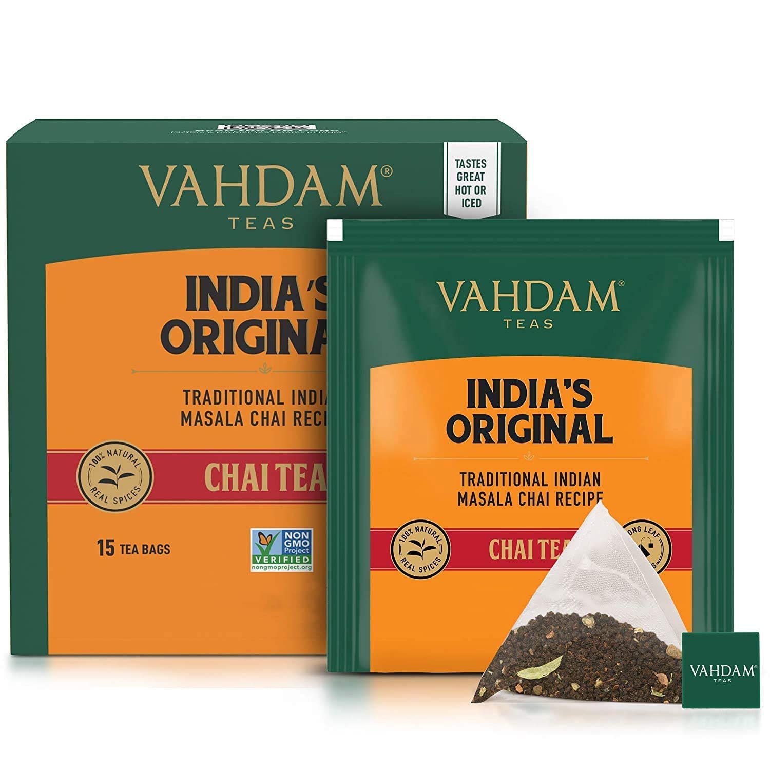 VAHDAM Té Masala Chai Original De India 15 Bolsitas Especias 100% Naturales Té Negro Cardamomo Canela Pimienta Negra Clavo