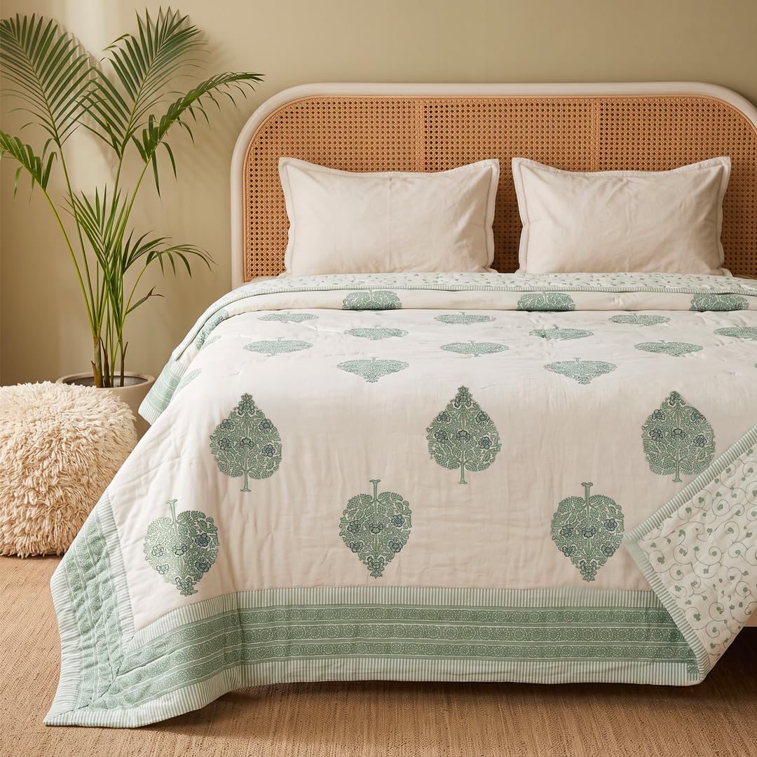 Peepul Tree Cotton Malmal Comforter - Blue & Pink -17