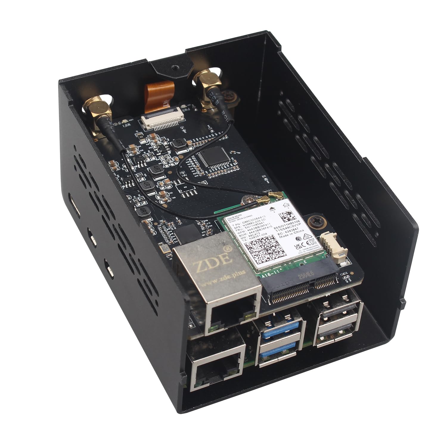ZDE ZP596C PCIe to M.2 E Key HAT Magnetic Base Antenna WiFi7 6 6E 5 PCIe to 2.5G Ethernet Network Port HAT with ZC506 Case for Raspberry Pi 5 Support Google TPU WiFi 7 BE200 WIFI6E AX210 MT7922 WIFI6