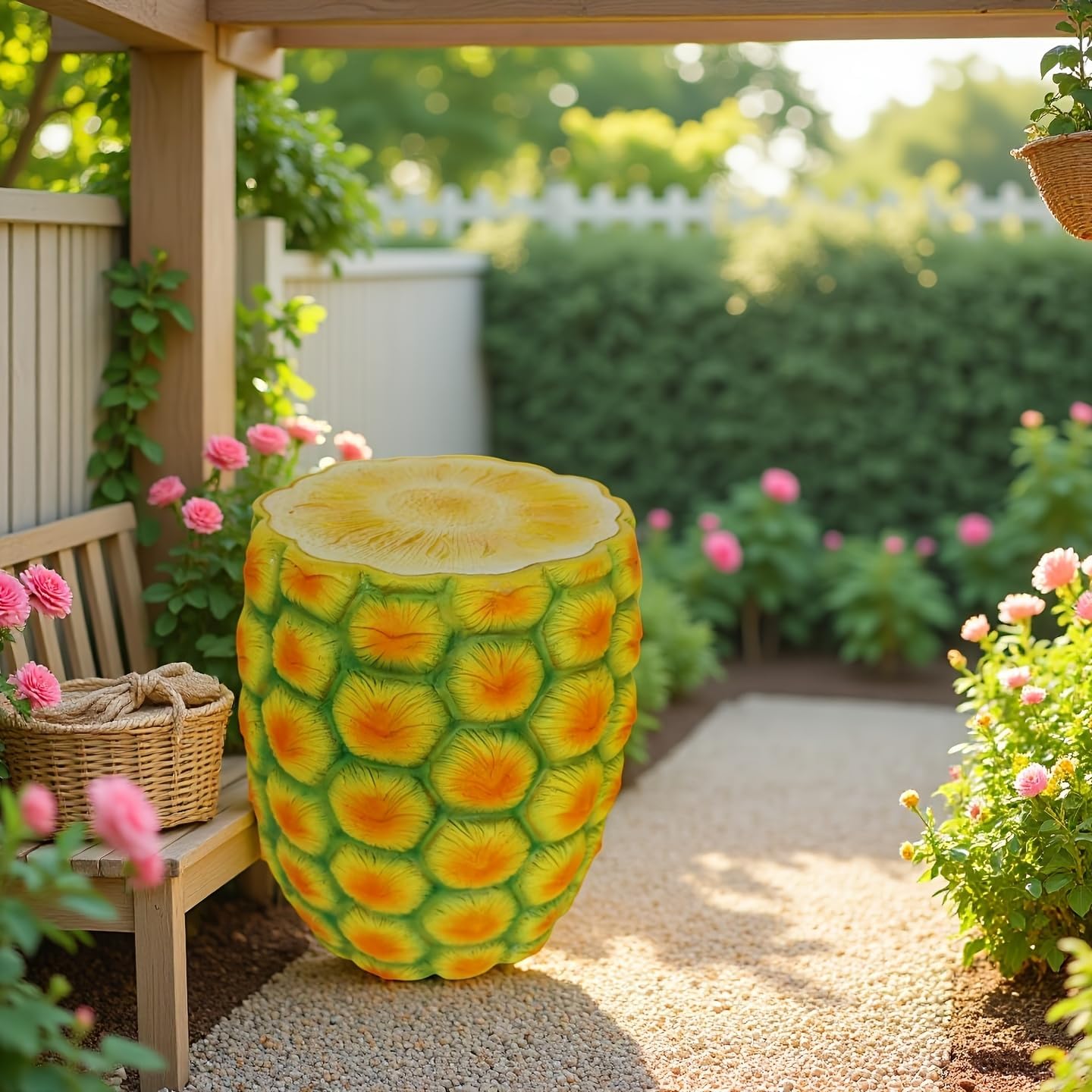 14" Pineapple Garden Stool, Oversized Resin Pineapple Stool Side Table & Plant Stand, Tropical Decorative Accent for Patio, Balcony, Garden, Poolside & Indoor Outdoor Decor