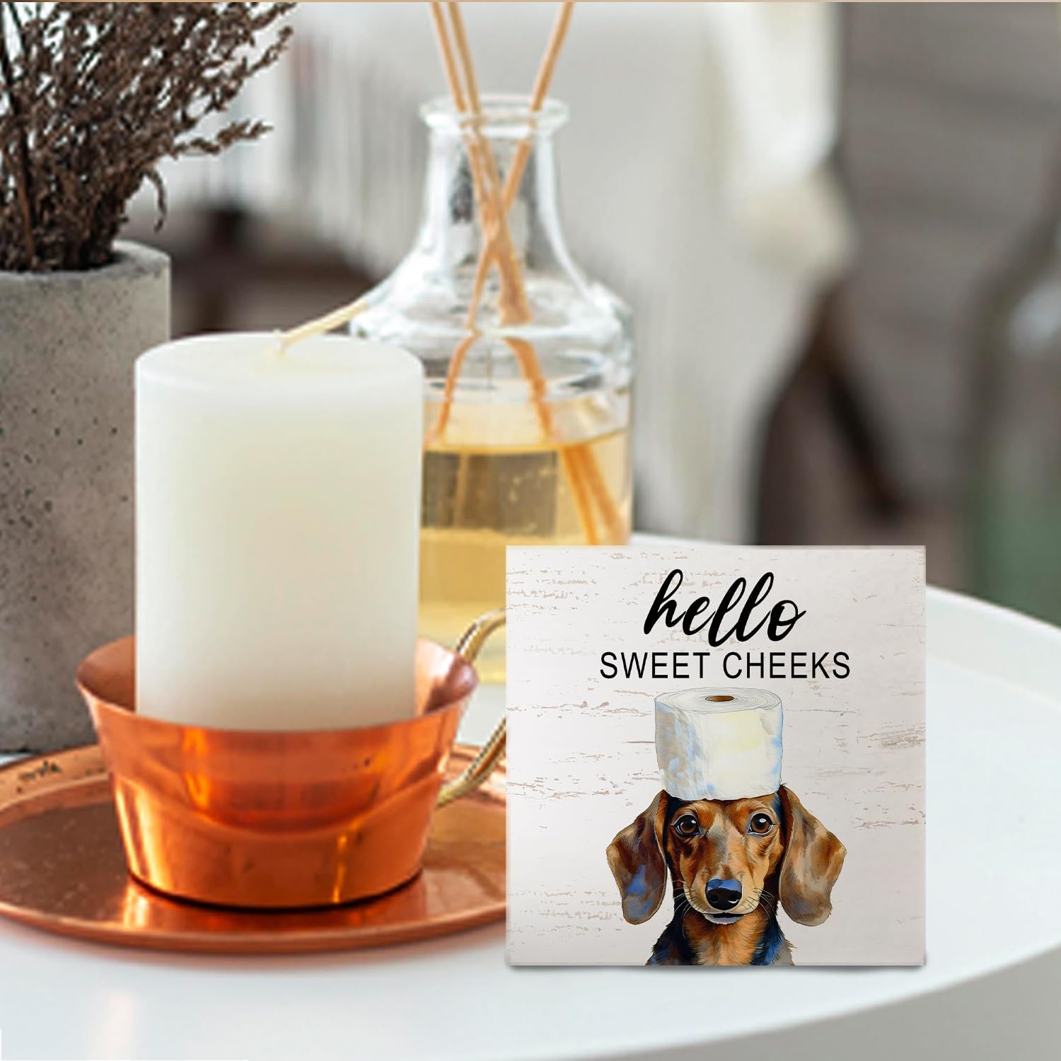 Funny Dachshund Bathroom Decor - Hello Sweet Cheeks Bathroom Decor, Funny Wiener Dog Wooden Box Sign, Weiner Dog Gifts for Women, 5 X 5 Inches - Image 4