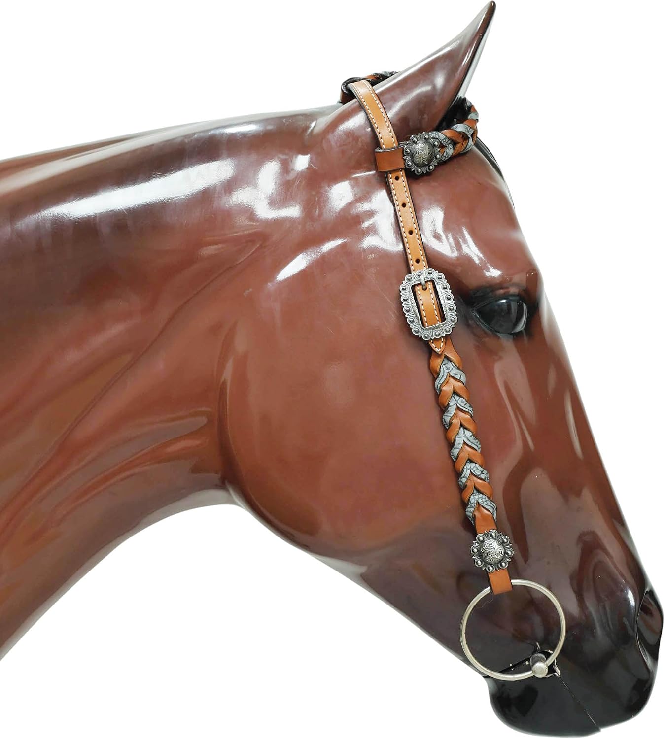 Western Leather Headstall and Breast Collar Tack Set with Twisted Leather Braiding, Grey Alligator Inlay, and Engraved Rings on Gladiator Style Breast Collar by