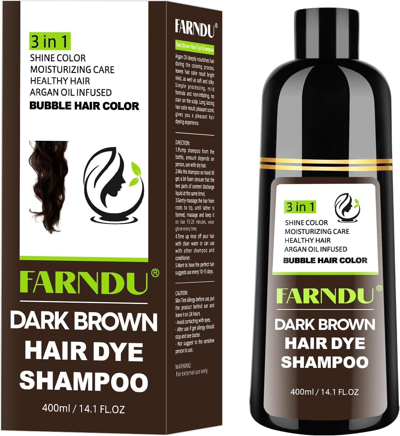 Haarfarbe Dunkelbraun Haarfärbeshampoo zur Abdeckung grauer Haare | 6 Pflanzliche Inhaltsstoffe Hair Dye Shampoo 3 in 1 für Frauen und Männer