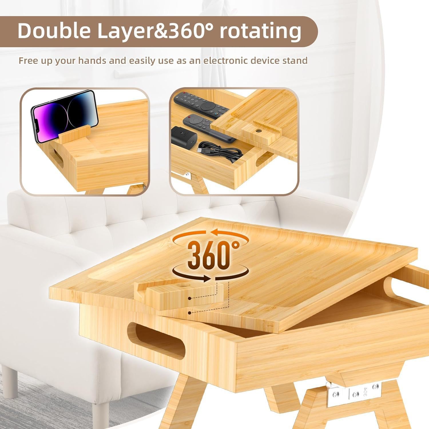 Sofa Arm Tray,Couch Arm Table,Two-Tier Clip On Tray Sofa Table with 360° Rotating Tabletop and Mobile Phone Stand,for Eating and Drinking,Storage,35 * 24 * 16cm - Image 4