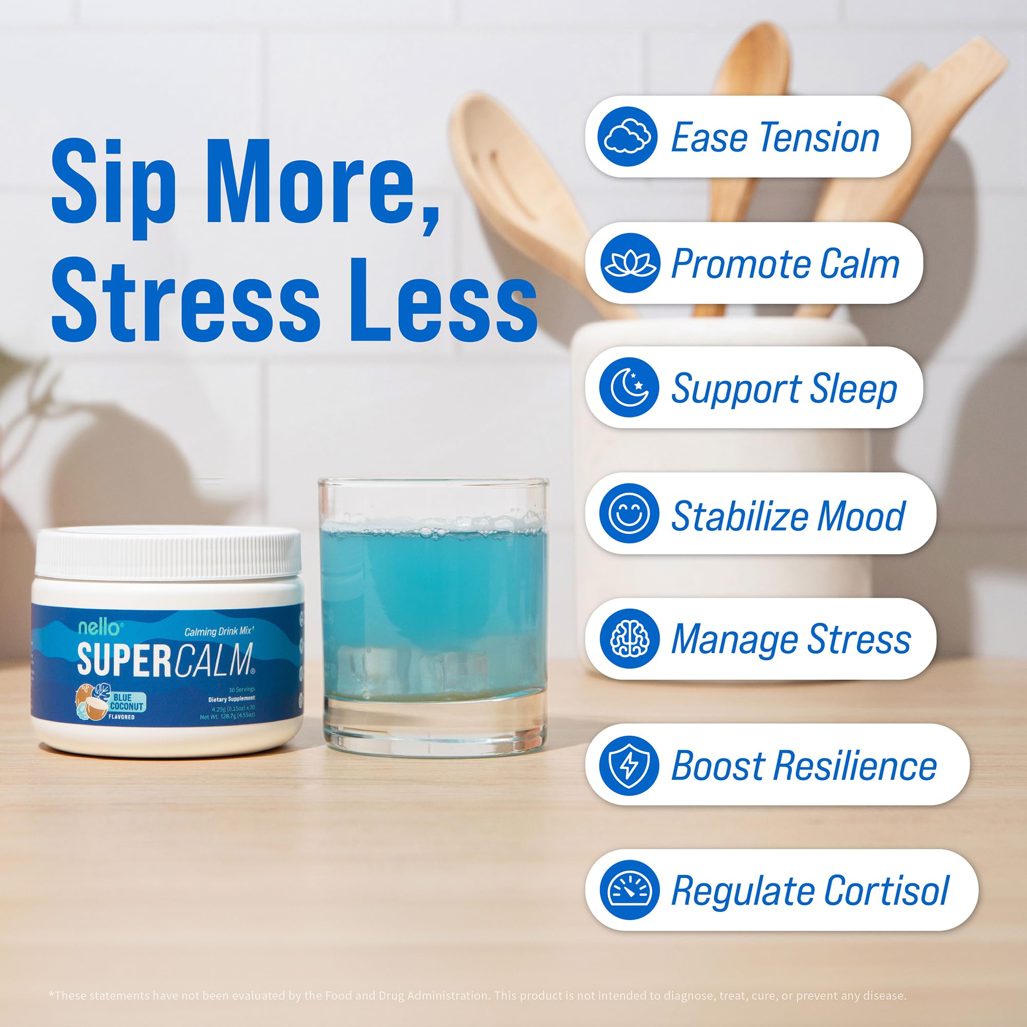Nello Supercalm Powdered Drink Mix Tub, Cortisol Reducer* and Sleep Aid Supplement, L Theanine, Ksm-66 Ashwagandha, Magnesium Glycinate, Vitamin D 3, No Sugar, Non GMO, On The Go, 30 Ct, Blue Coconut — Amazon image 3