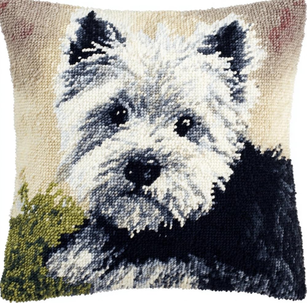 FWRTYCB Latch Hook Pillow Kit Black and White Dog Westie Crochet Yarn Hook