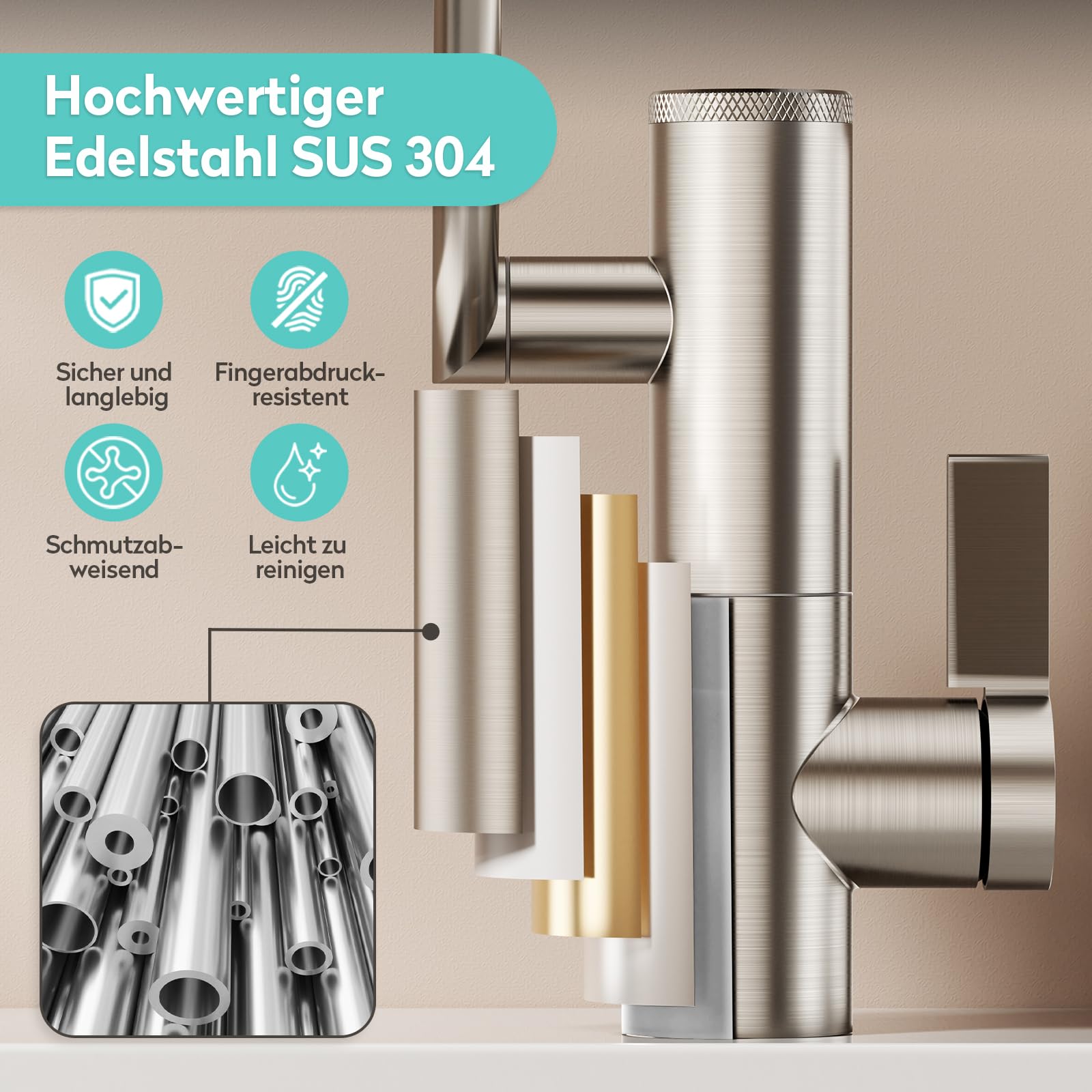 KAIYING Schwenkbare Wasserhahn Bad mit Filter, 1080° Drehbare Waschbecken Armaturen, 2 Sprühmodi Mischbatterie, Einhebelmischer Waschbeckenarmatur Bad mit Temperaturanzeige (Gebürstetes Nickel)