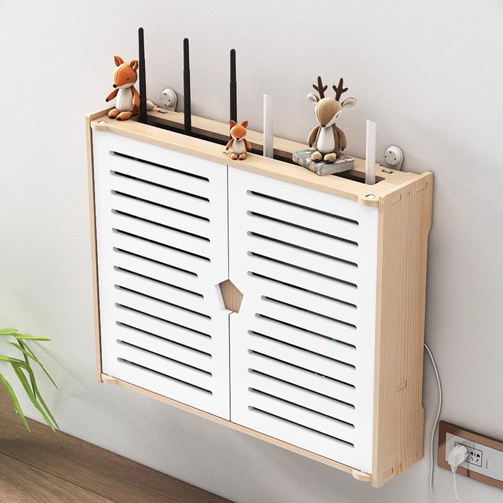Wall Mounted WiFi Shelf, Router Storage Box, Home Media Storage Cabinet, Double-Deck Shelf, Cable Management Organizer, for Living Room, Office, Bedroom(37cm/14.6in)