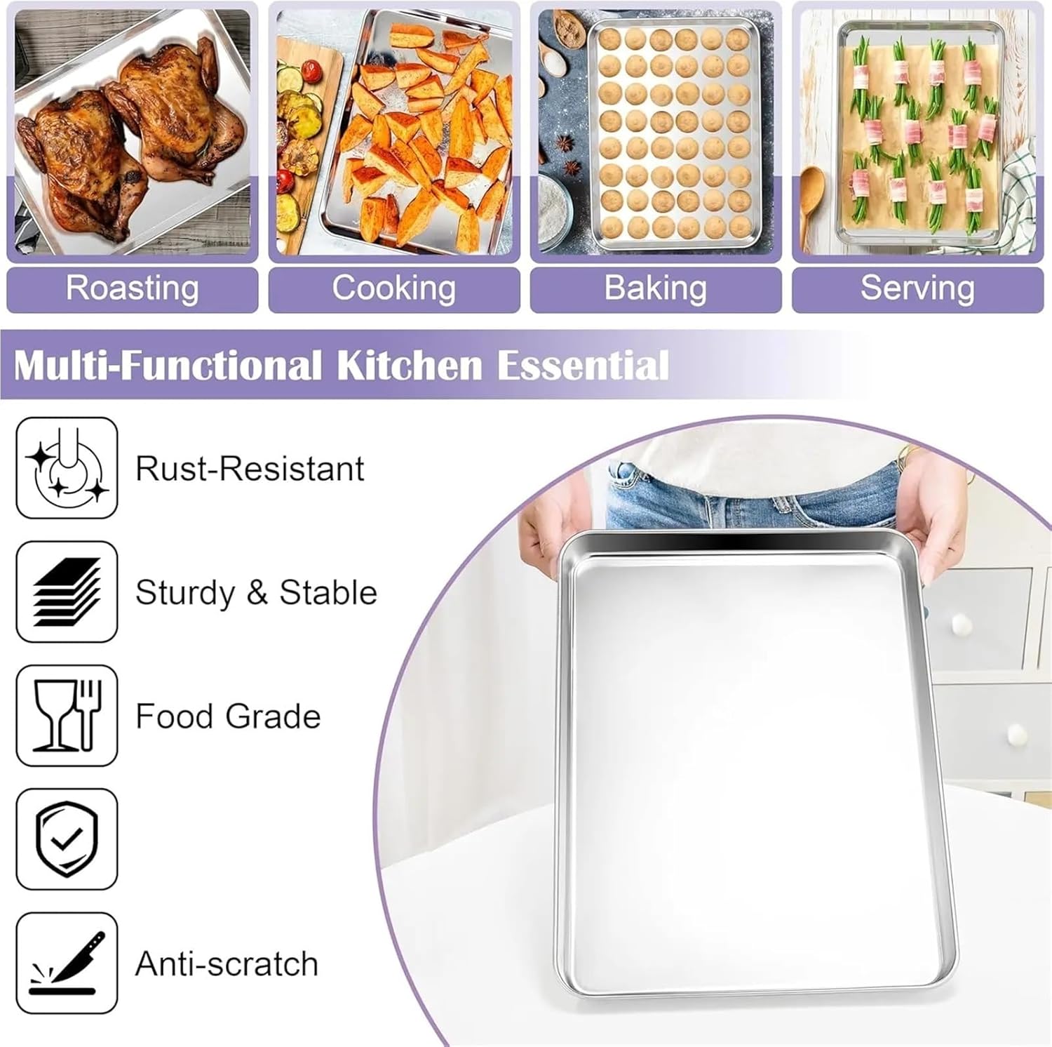 Large Stainless Steel Baking Sheet Set with 2 Pans & 2 Cooling Racks, Dishwasher Friendly