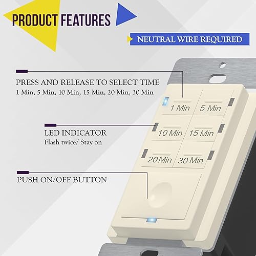 Miniatura 9 de ENERLITES Interruptor de temporizador de cuenta regresiva para ventiladores de baño y luces domésticas ajustes de 1-5-10-15-20-30 minutos con