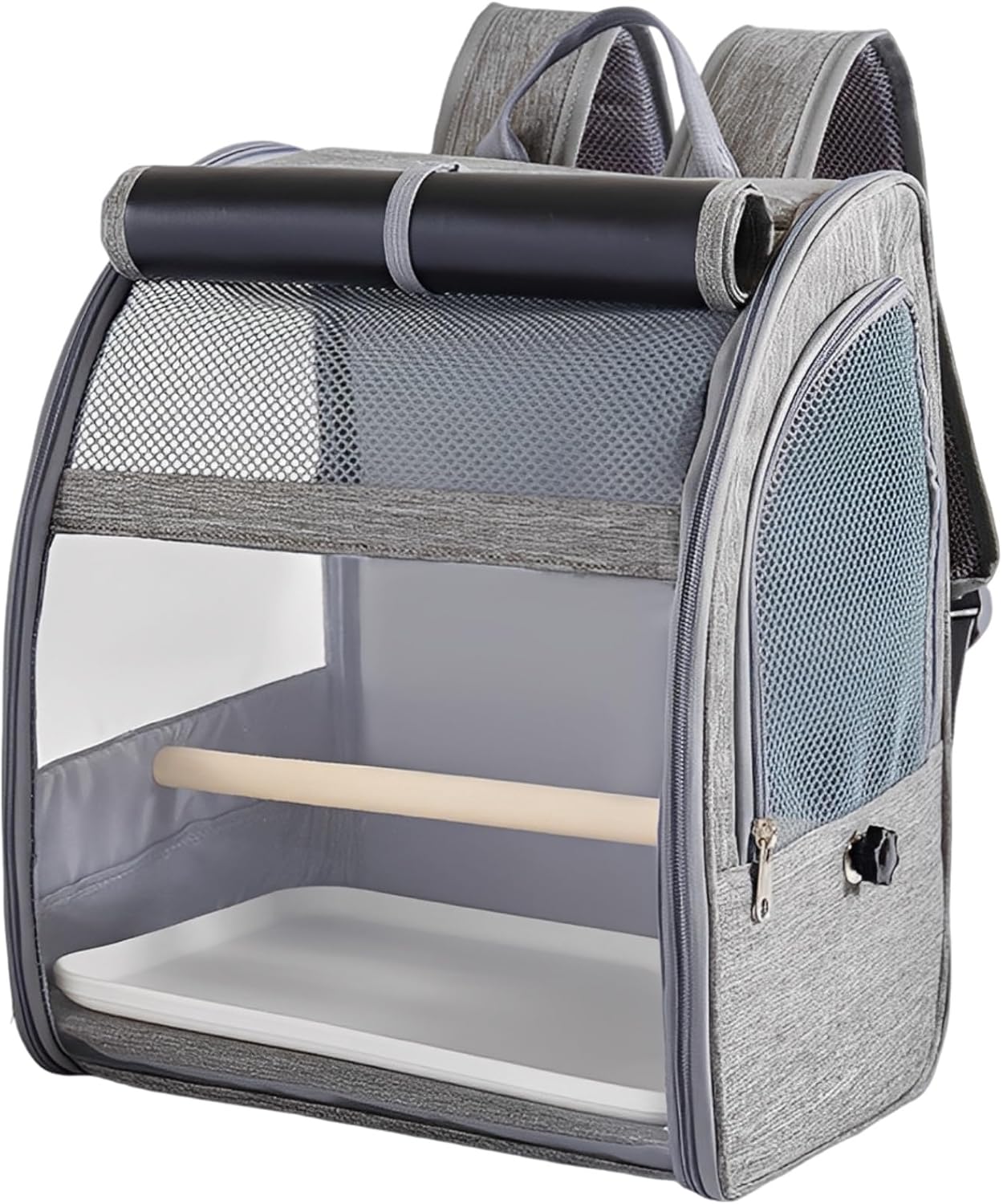 Parrot Backpack Travel Cage; 12.2 X 9.6 X 15 in Breathable Bird Carrier; Gray Backpack with Mesh Window; Removable Perch and Tray