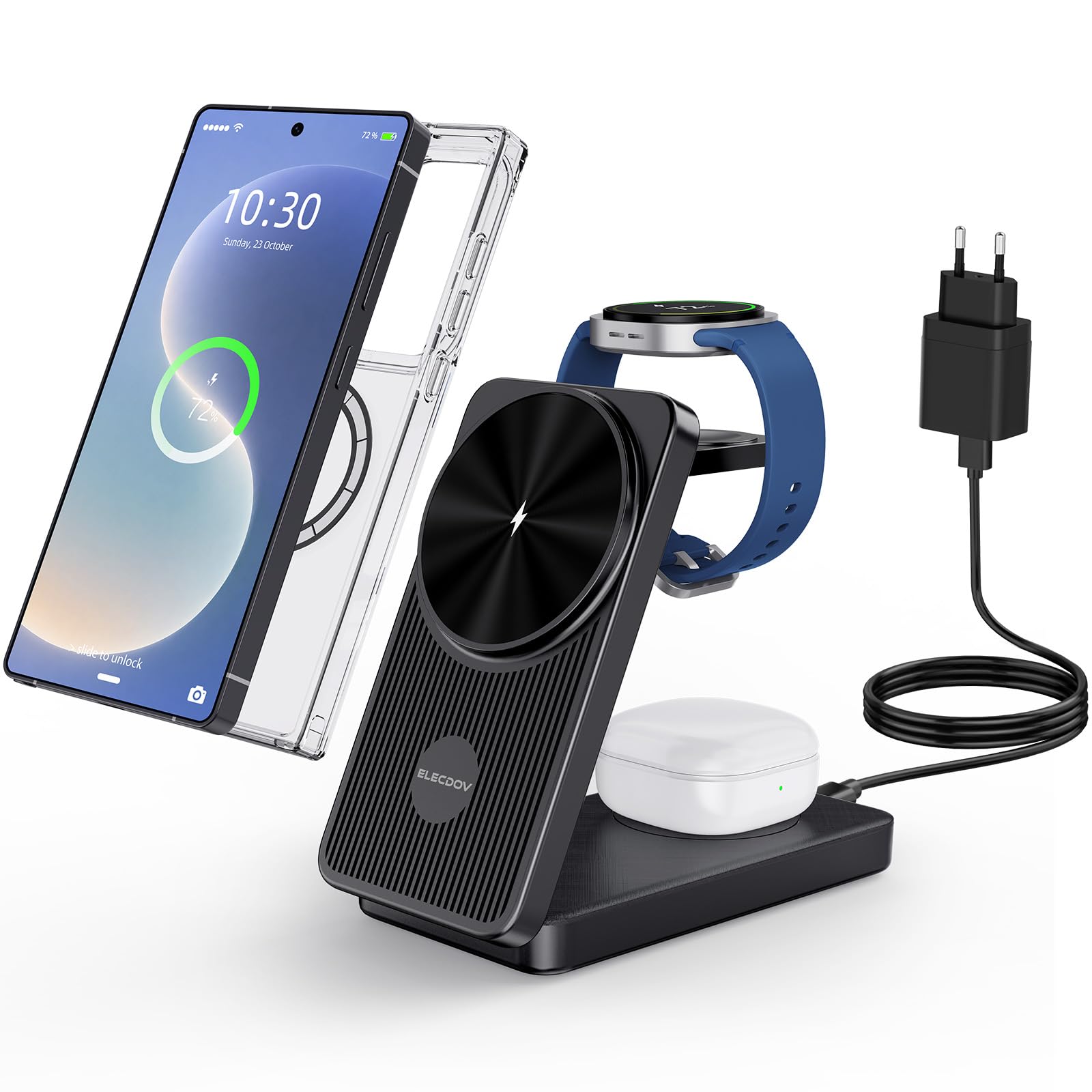 Magnetica Caricatore Wireless per Samsung, 3 in 1 Wireless Charger Viaggio | Caricabatterie da Viaggio Pieghevole per Samsung Galaxy S36 Ultra/S25/S24/Z Fold/Flip 7, per Galaxy Watch Ultra/8/7/6/Buds 4