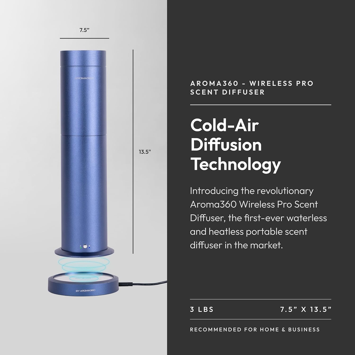 Diagram showing the dimensions of the Aroma360 Wireless Pro Scent Diffuser: 7.5 inches wide by 13.5 inches high, weighing 3 lbs.