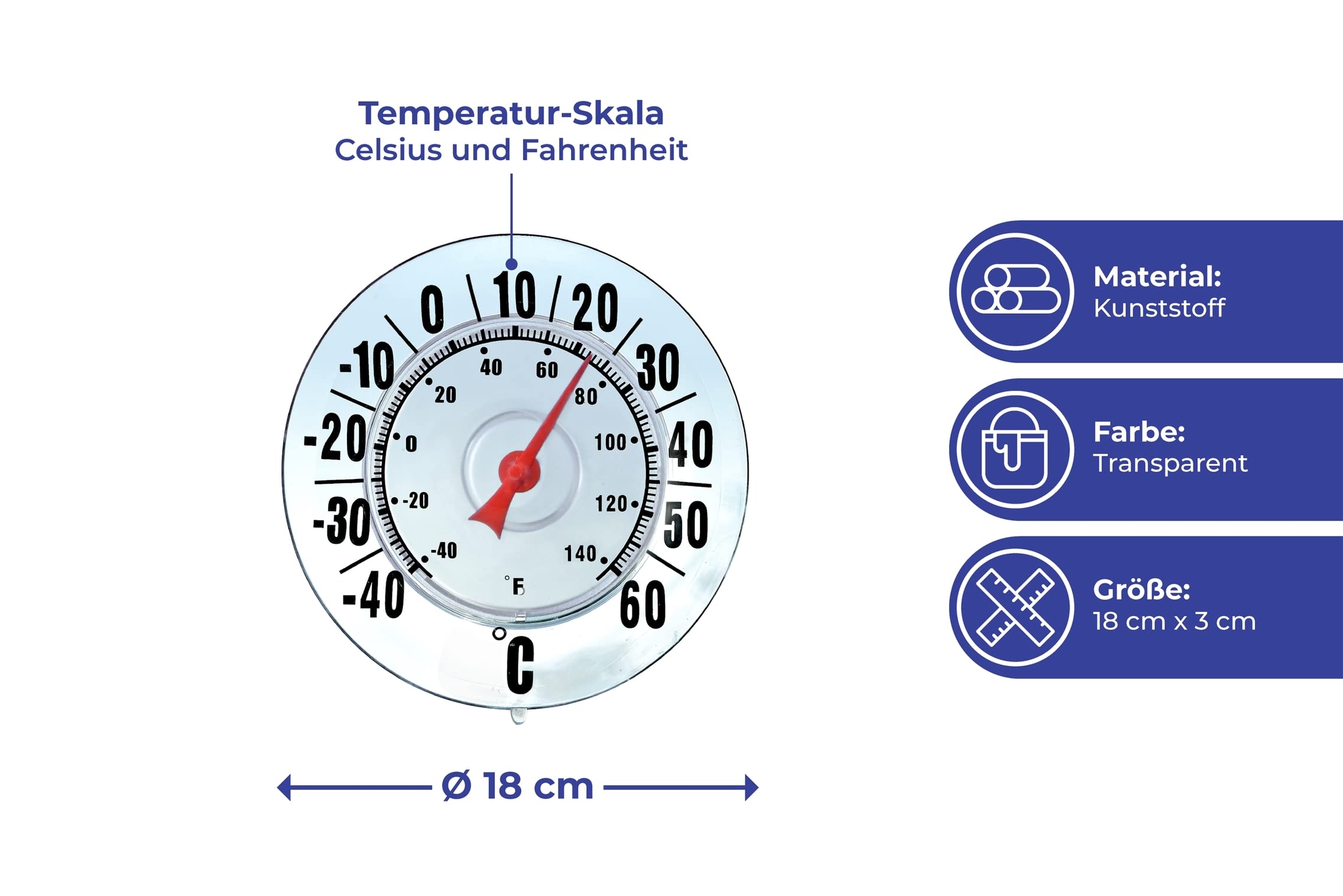 Maximex Termometr zewnętrzny, z przyssawką, duże cyfry, bez rtęci, skala temperatury w stopniach Celsjusza i Fahrenheita, wymiary: Ø 18 cm