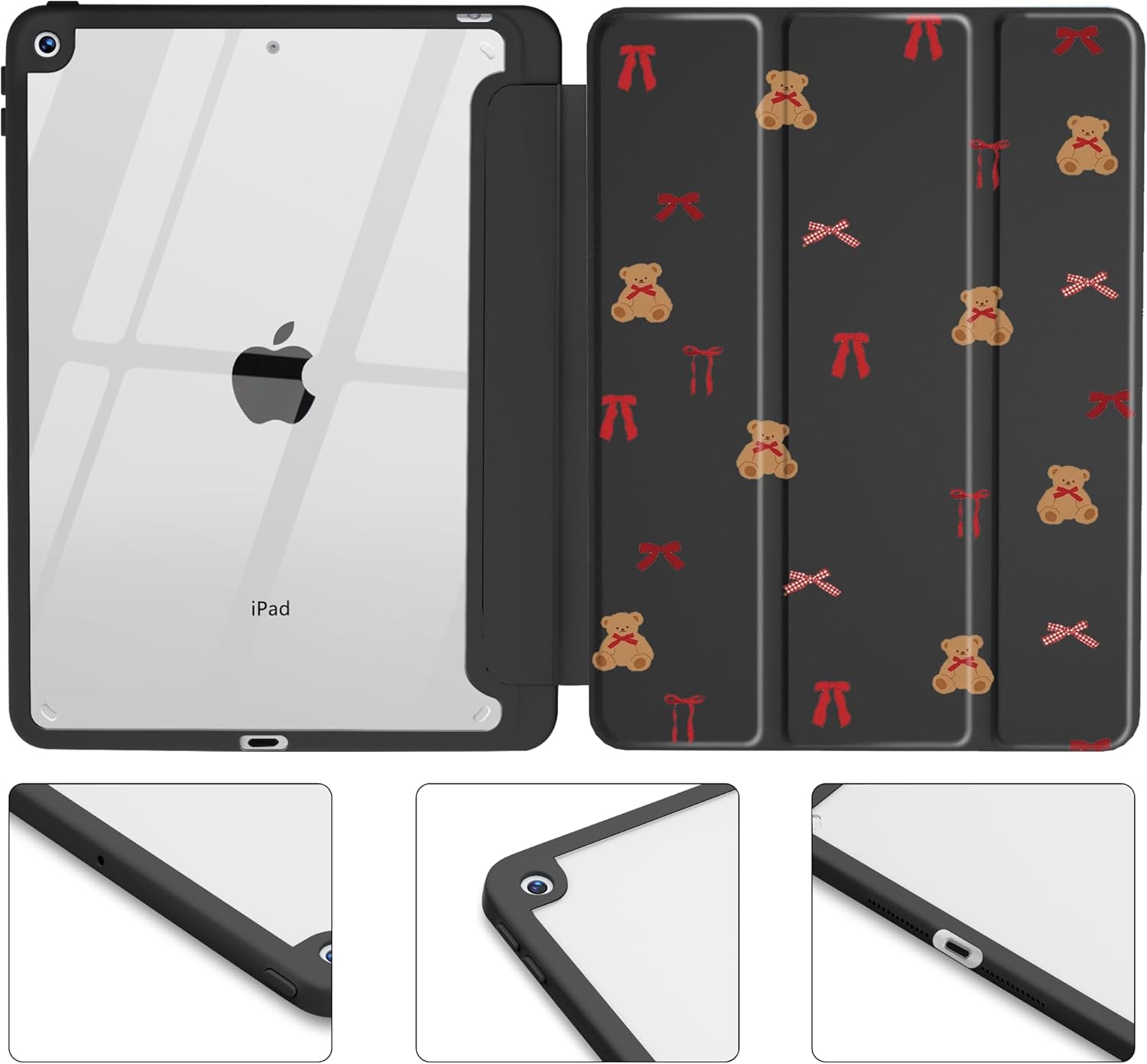 Idocolors Cute Bear Case for iPad 7th/8th/9th Gen 10.2 ", Clear Hard Back Cover with Pencil Holder, Tri-fold Stand Full Wrap Protective Case for Women Girls, Bear/Black - Image 3