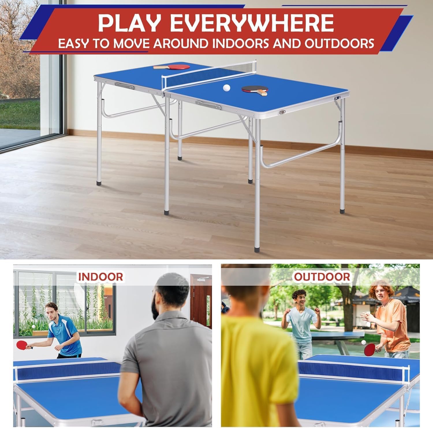 Tavolo Pieghevole, Tavolo Portatile per Il Tempo Libero, Tavolo da Ping Pong con Rete, Tavolo da Ping Pong con 2 Palline E 2 Racchette, per Uso Interno Ed Esterno