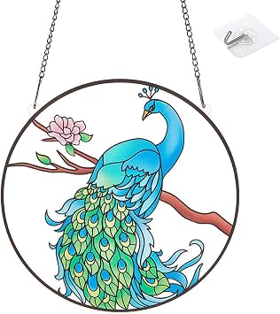 Peacock Window Hanging Decor, Acrylic Stained Glass Sun Catcher, Indoor/Outdoor Use